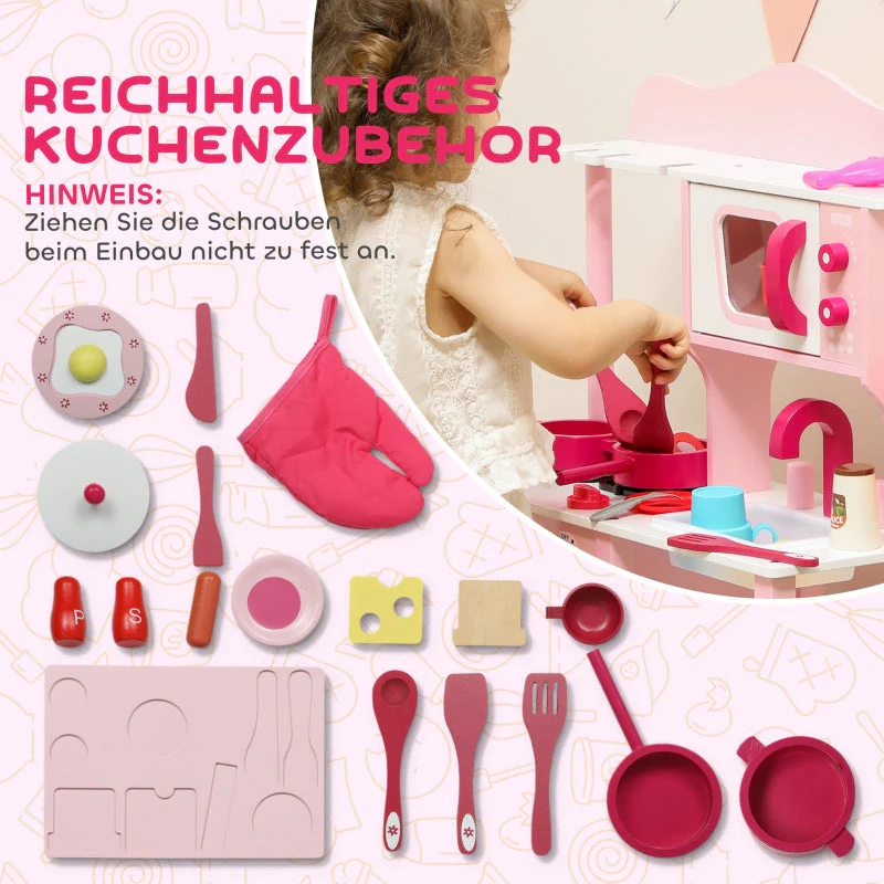 Children's Play Kitchen with Wooden Accessories and Sound Effects, Pink - Image 5