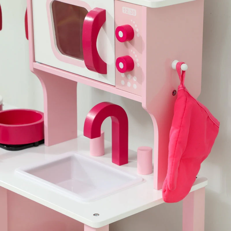 Children's Play Kitchen with Wooden Accessories and Sound Effects, Pink - Image 8