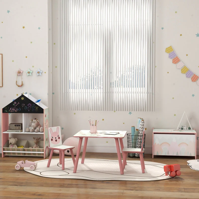 Children's Seating Set, Table with 2 Chairs, Animal Motif, Pine Wood, Pink - Image 8