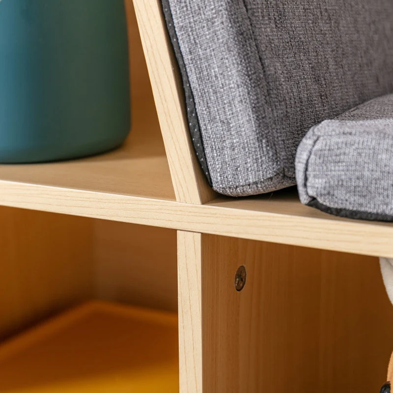 Children's Shelf Bookcase with Stool and 6 Compartments, Toy Box, Grey + Natural - Image 8
