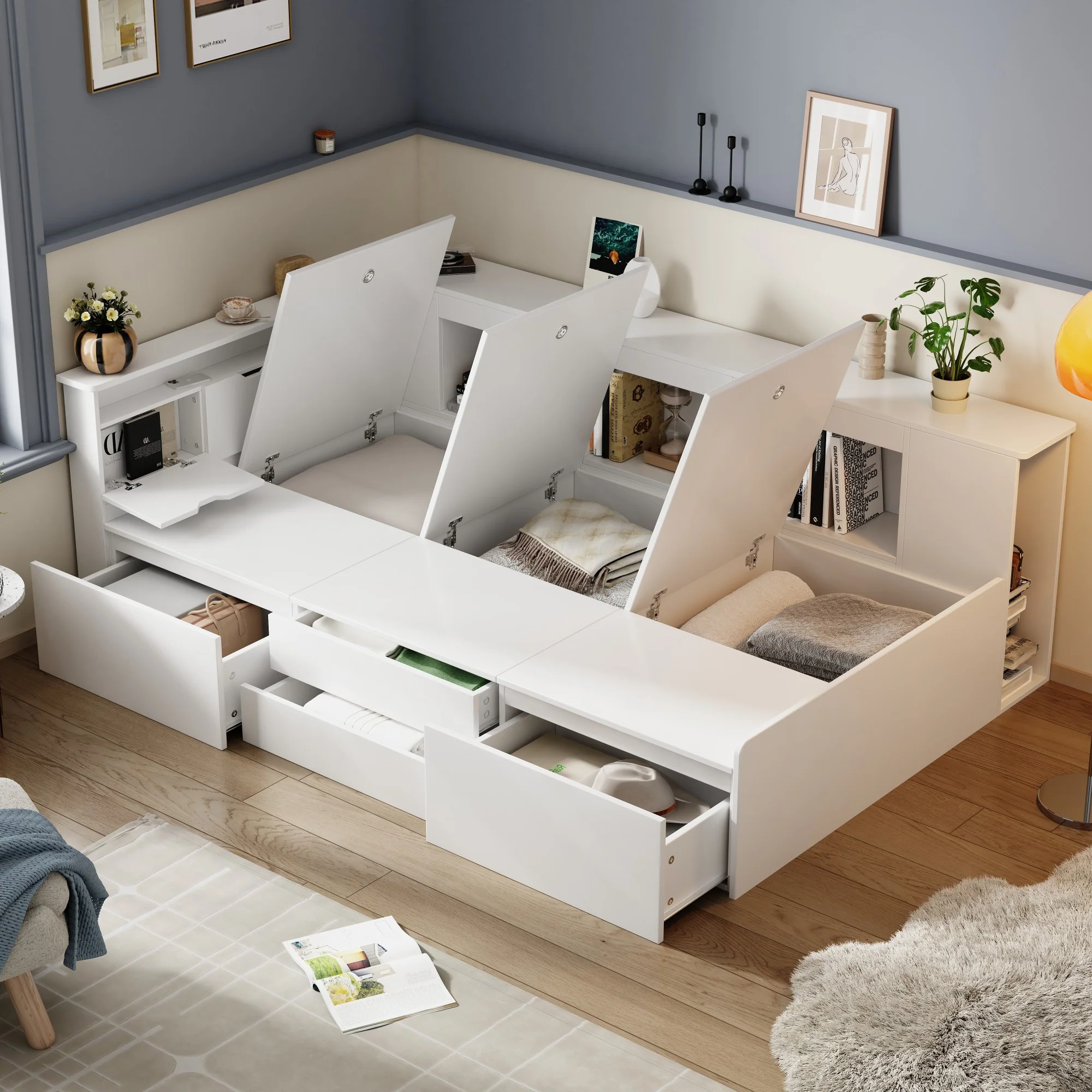 Children's Single Bed 90x200cm Multifunctional Storage Drawers Bookshelf - White - Image 4