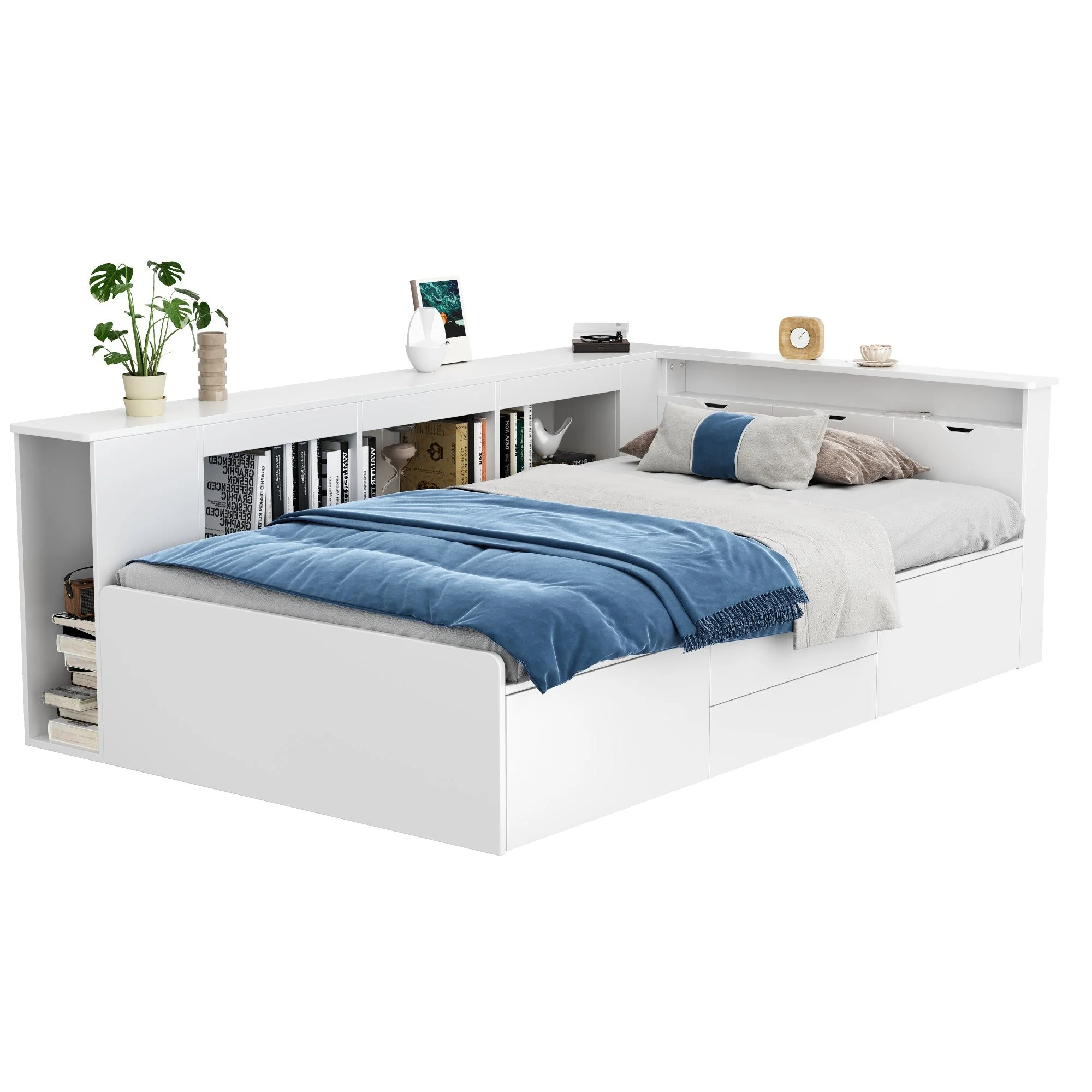 Children's Single Bed 90x200cm Multifunctional Storage Drawers Bookshelf - White - Image 8