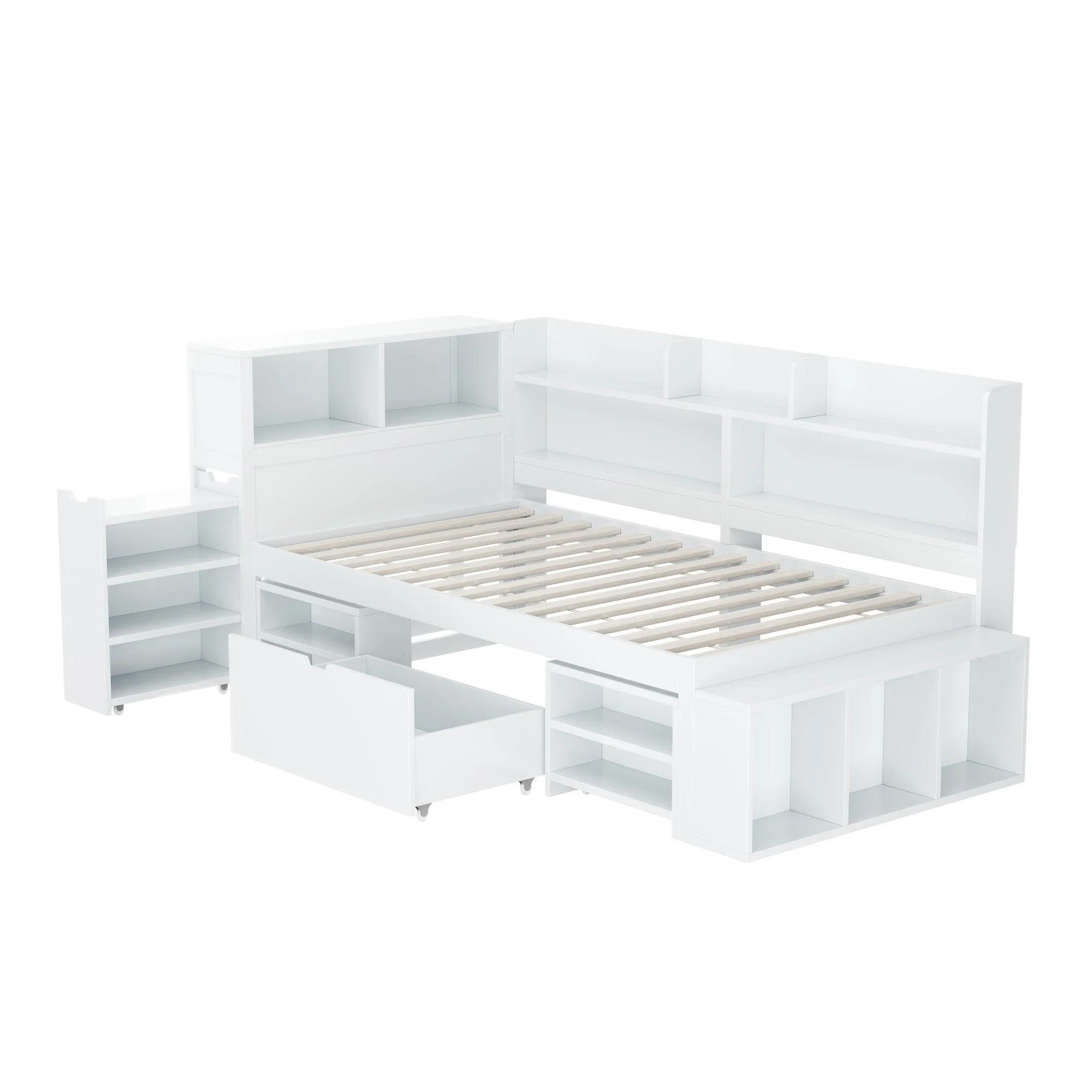 Children's Single Bed 90x200cm Storage Drawers Bookshelf - White - Image 9