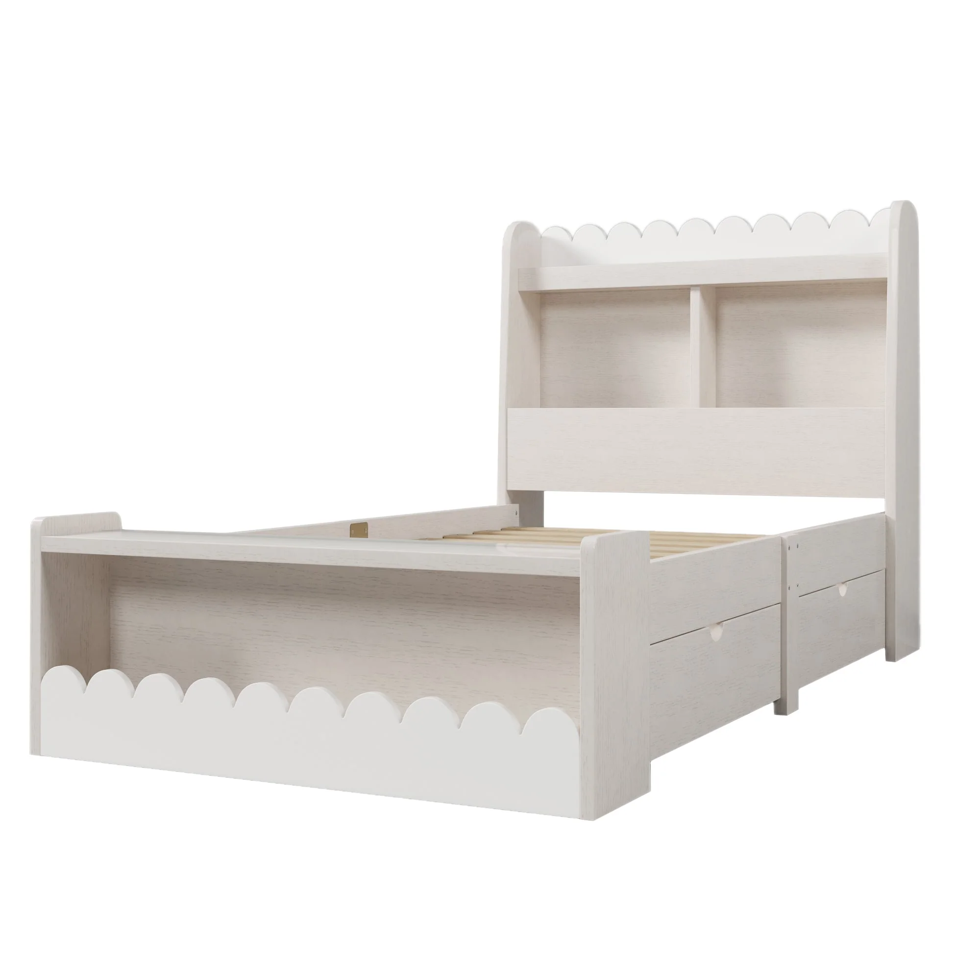 Children's Single Bed, Storage with Drawers, Shelf, Bench, Wood, White Oak - Image 10