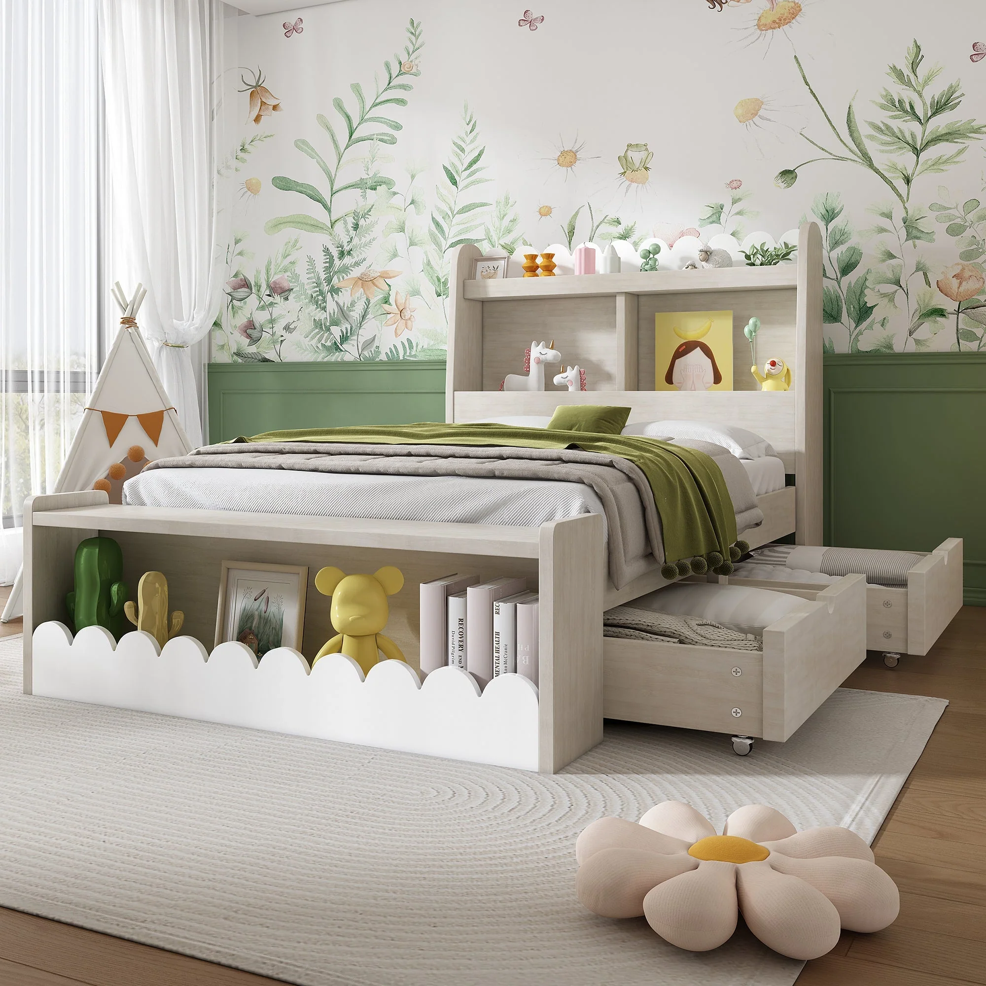 Children's Single Bed, Storage with Drawers, Shelf, Bench, Wood, White Oak - Image 3