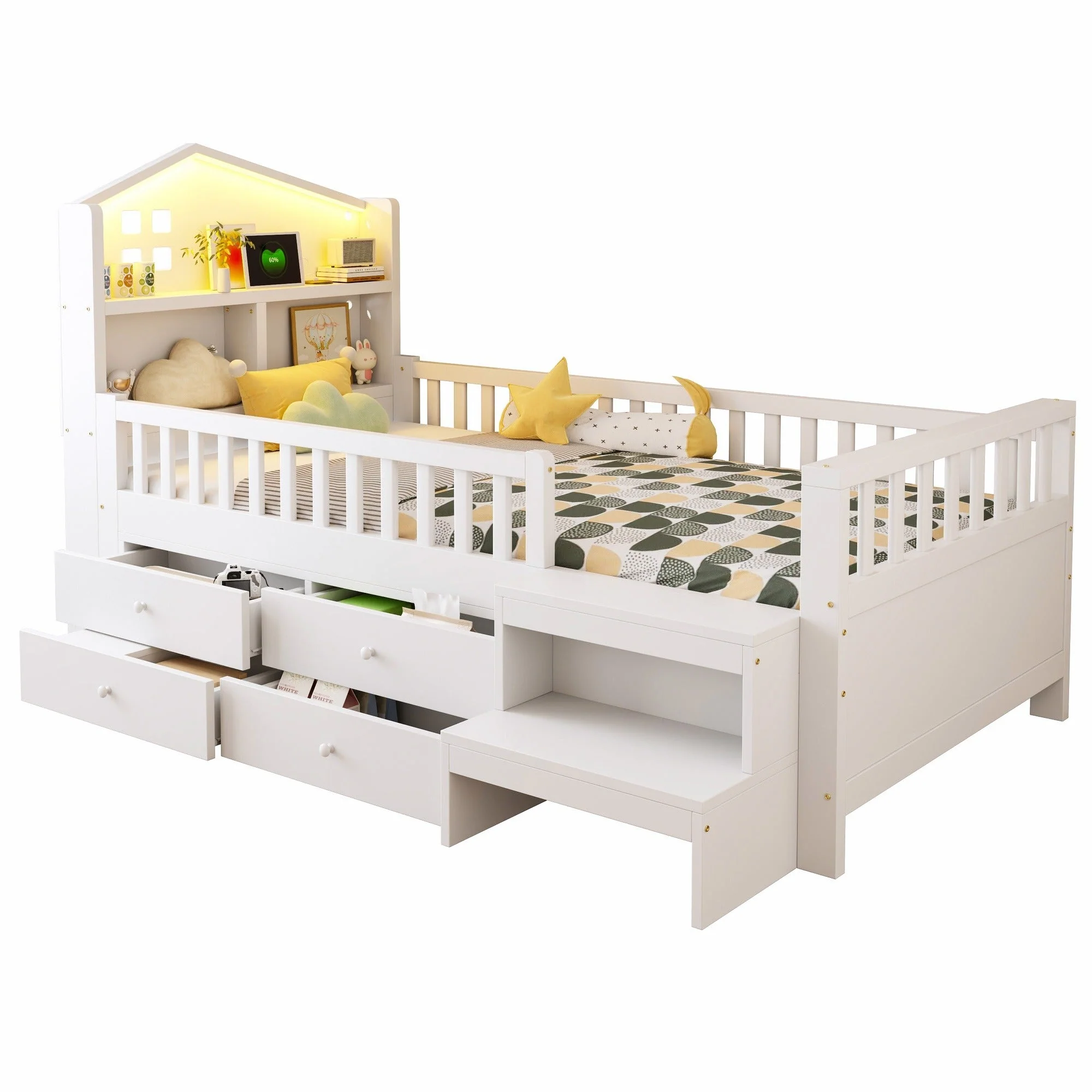Children's Single Bed with 4 Storage Drawers, LED Lights, USB and Type-C Charging Ports, 90x200cm, White Solid Wood - Image 8
