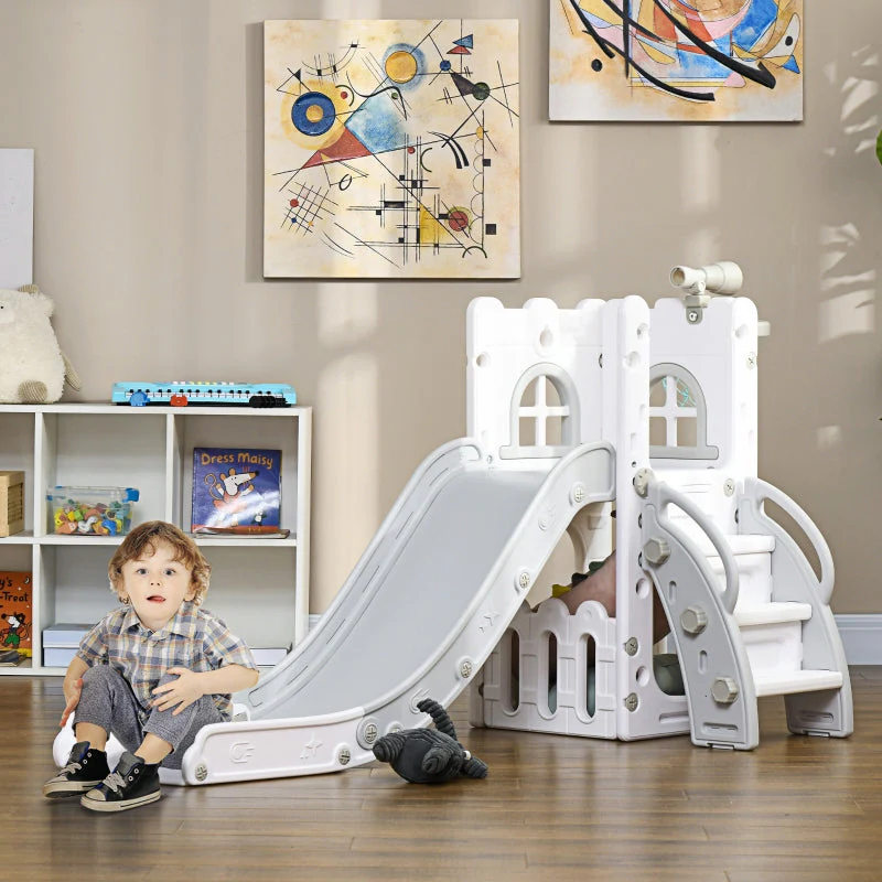Children's Slide, 5 in 1 Toddler Slide with Basketball Hoop and Climbing Frame, Grey