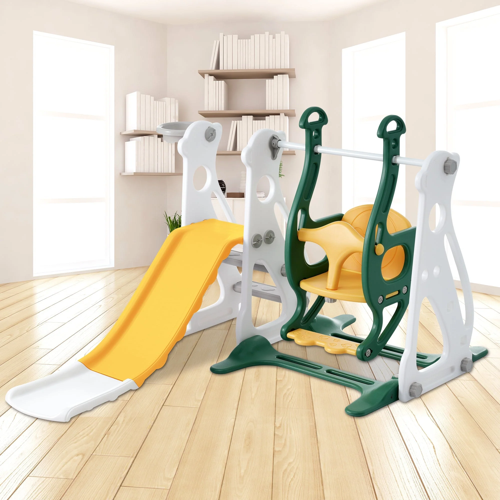 Children's slide with swing, 4 in 1 with slide, staircases, and basketball frame for indoor