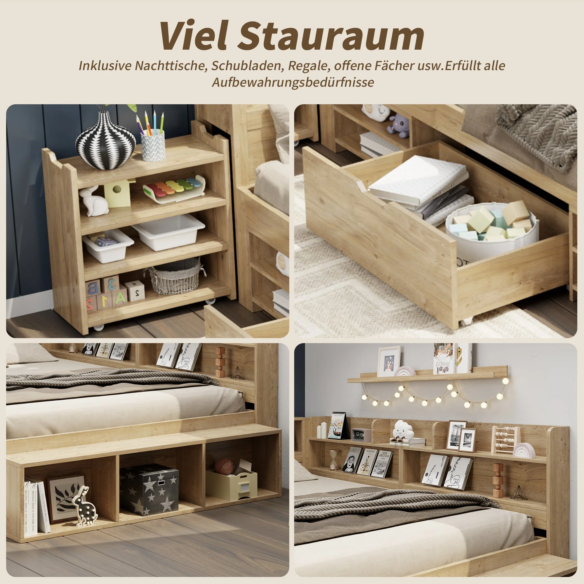Children's Storage Bed 140x200cm Multifunctional Wireless Charging Drawers & Shelves - Natural - Image 9