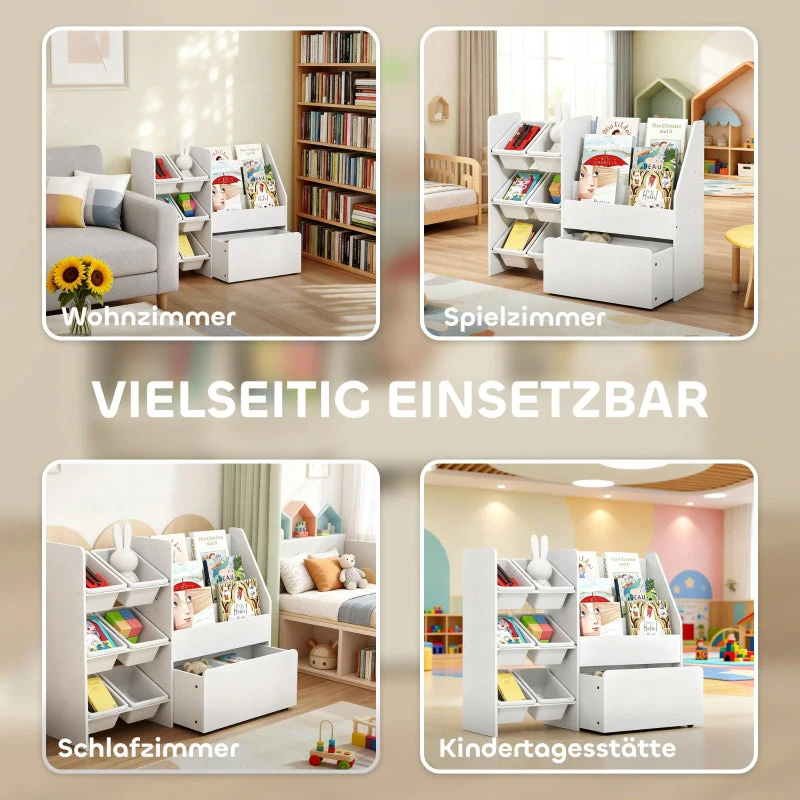 Children's Toy Shelf, 6 Containers Book Display Rolling Box 100x30x80cm, MDF Steel White - Image 4