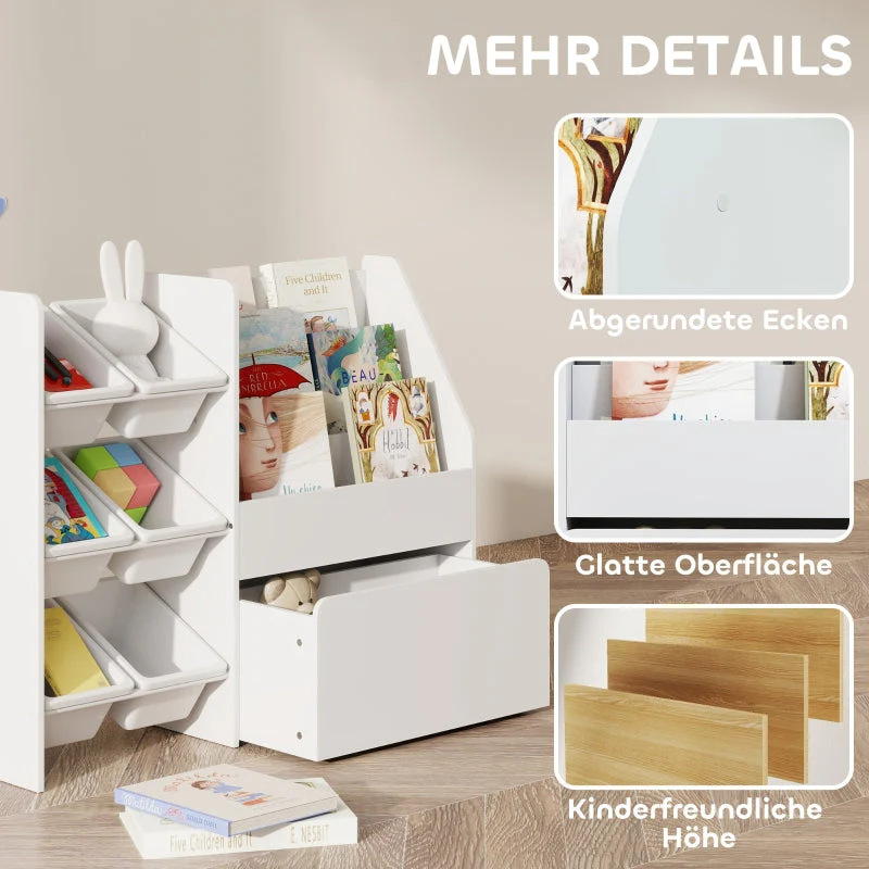 Children's Toy Shelf, 6 Containers Book Display Rolling Box 100x30x80cm, MDF Steel White - Image 5
