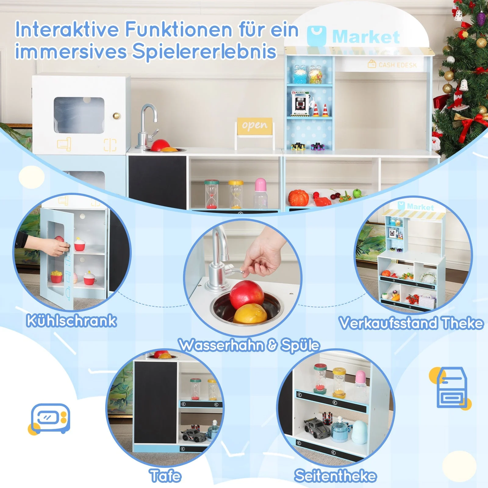 Children's Toy Shop with Shelves, Refrigerator and Chalkboard, Wood and Plastic, Blue - Image 10