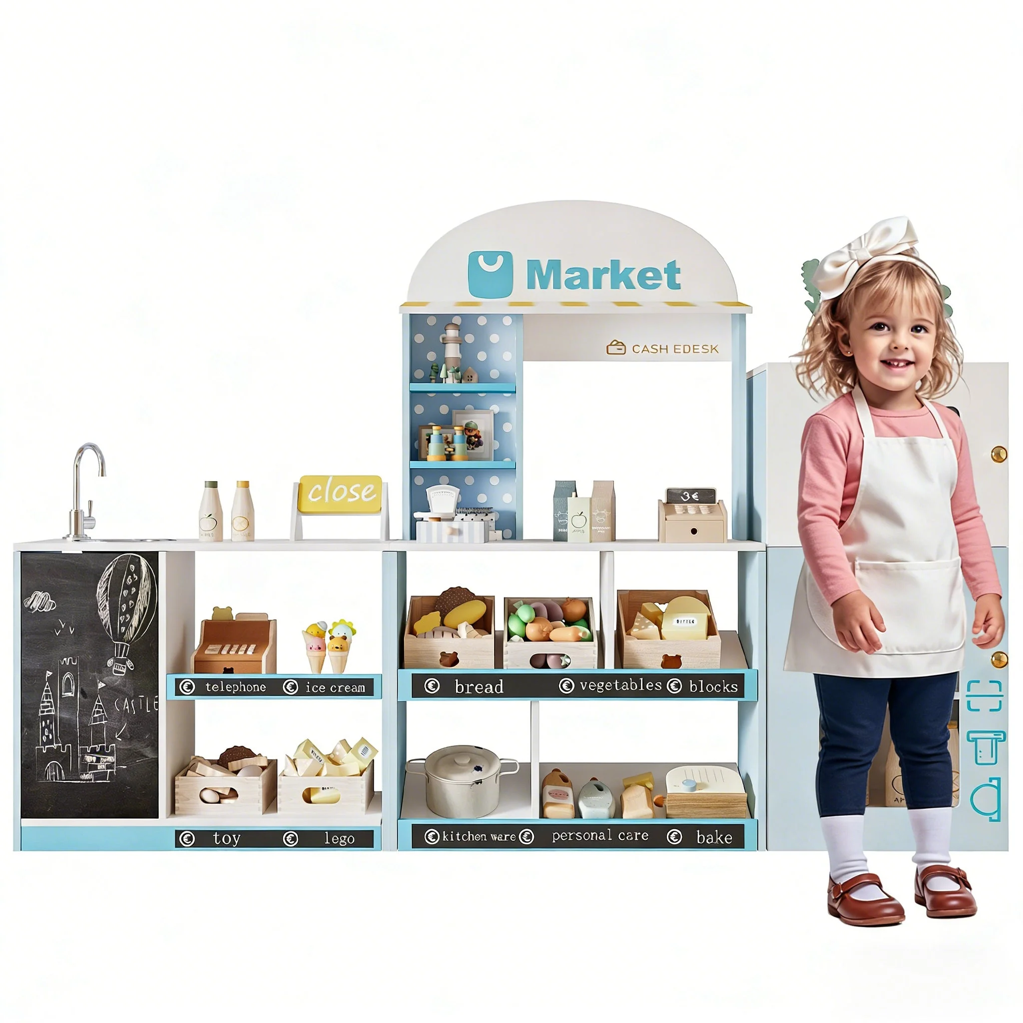 Children's Toy Shop with Shelves, Refrigerator and Chalkboard, Wood and Plastic, Blue - Image 2