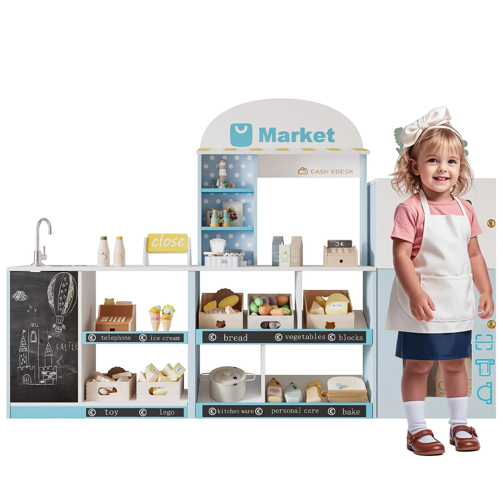 Children's Toy Shop with Shelves, Refrigerator and Chalkboard, Wood and Plastic, Blue - Image 3
