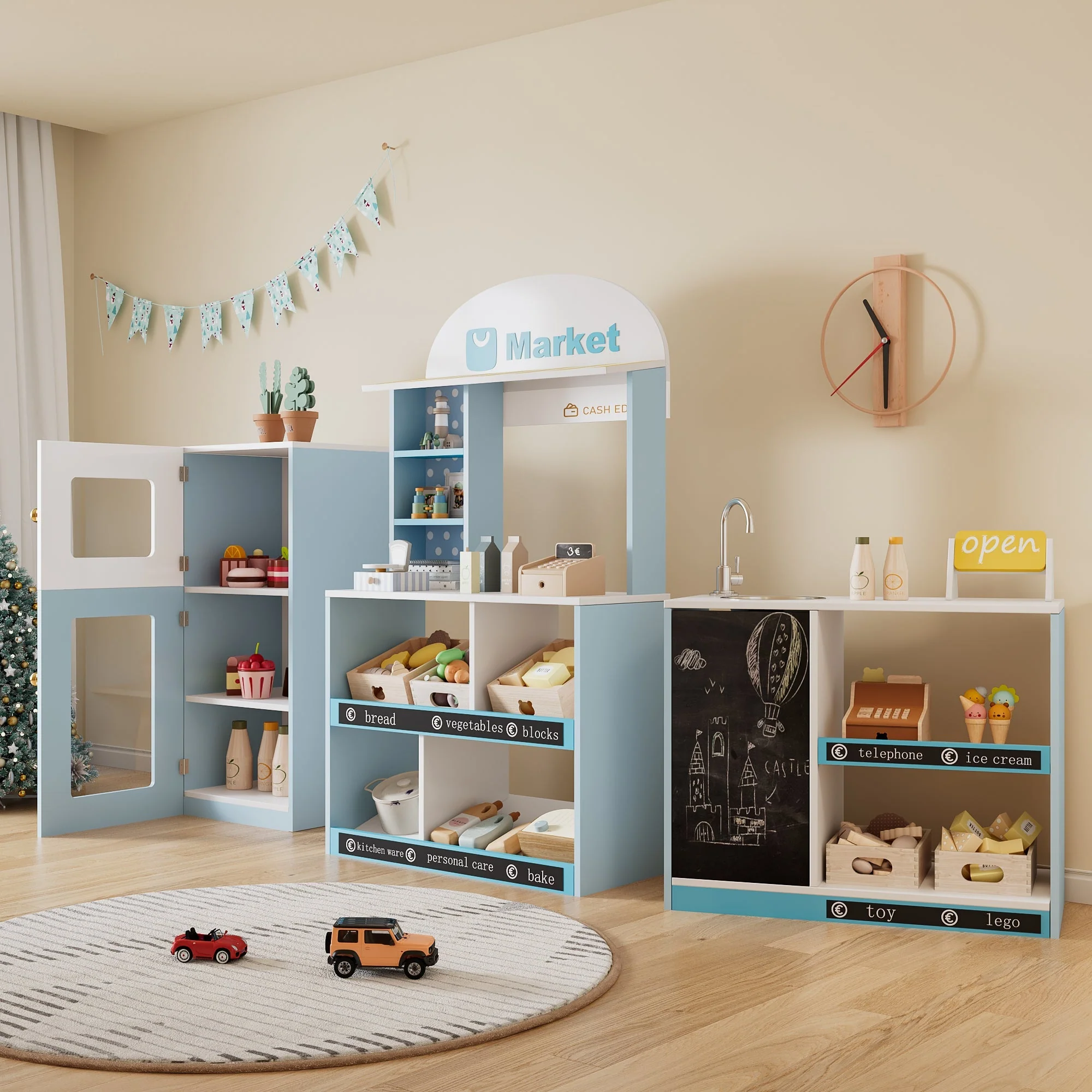 Children's Toy Shop with Shelves, Refrigerator and Chalkboard, Wood and Plastic, Blue - Image 4