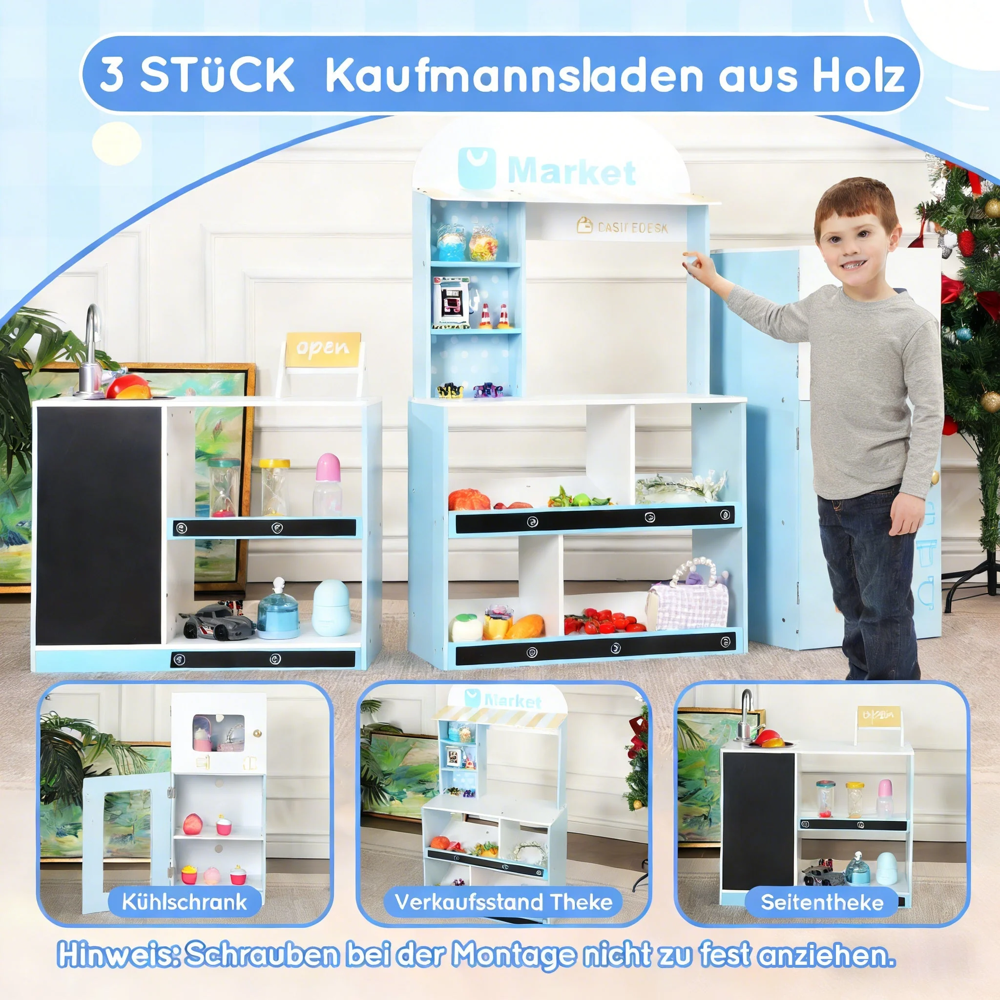 Children's Toy Shop with Shelves, Refrigerator and Chalkboard, Wood and Plastic, Blue - Image 5