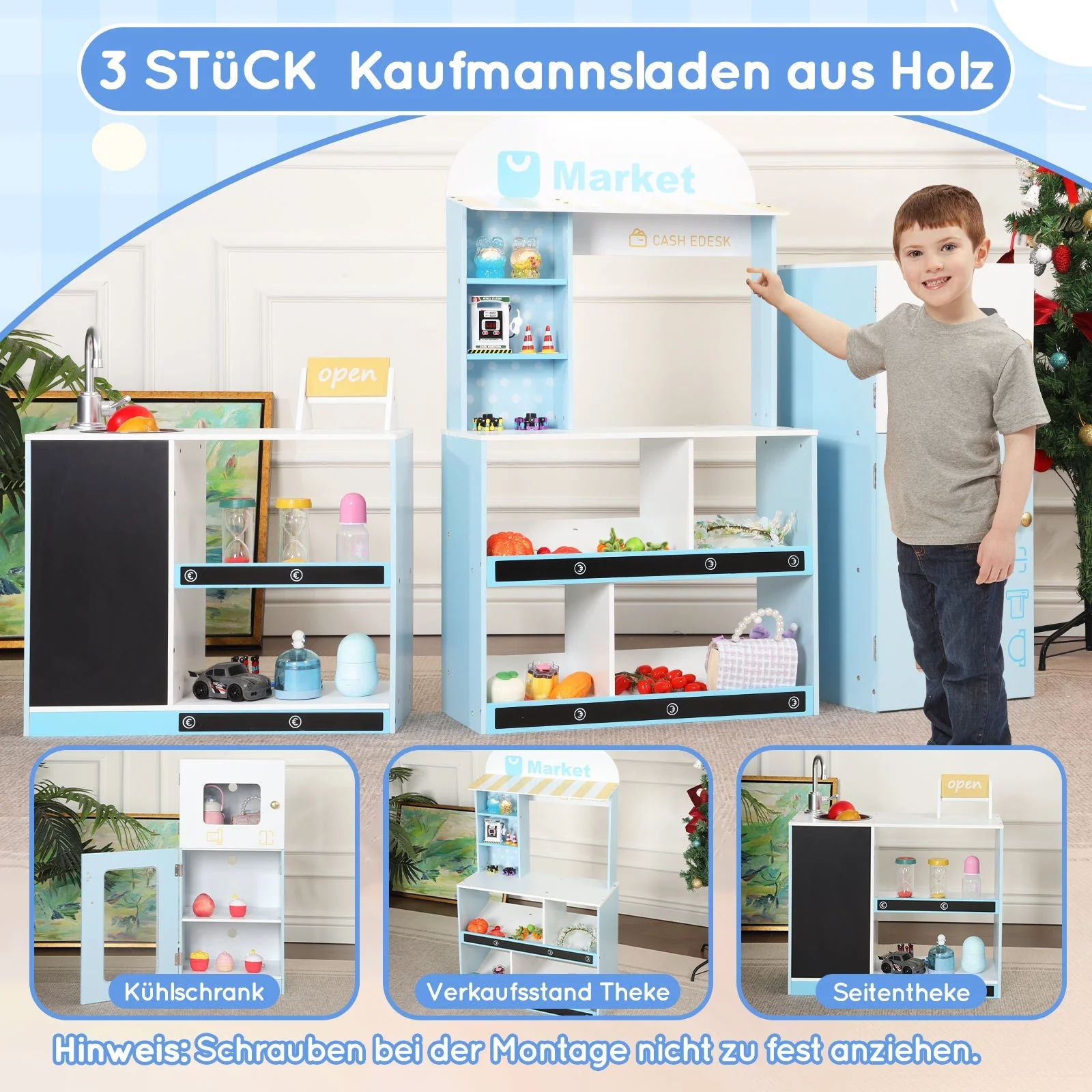 Children's Toy Shop with Shelves, Refrigerator and Chalkboard, Wood and Plastic, Blue - Image 6