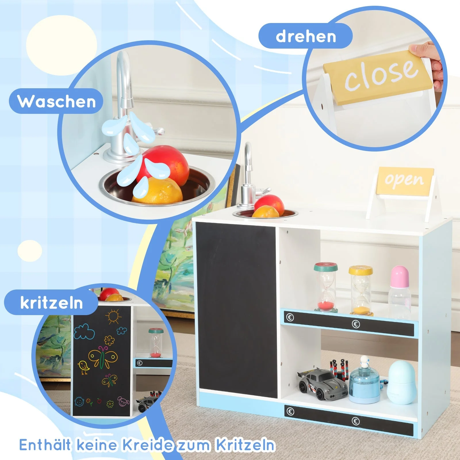 Children's Toy Shop with Shelves, Refrigerator and Chalkboard, Wood and Plastic, Blue - Image 7