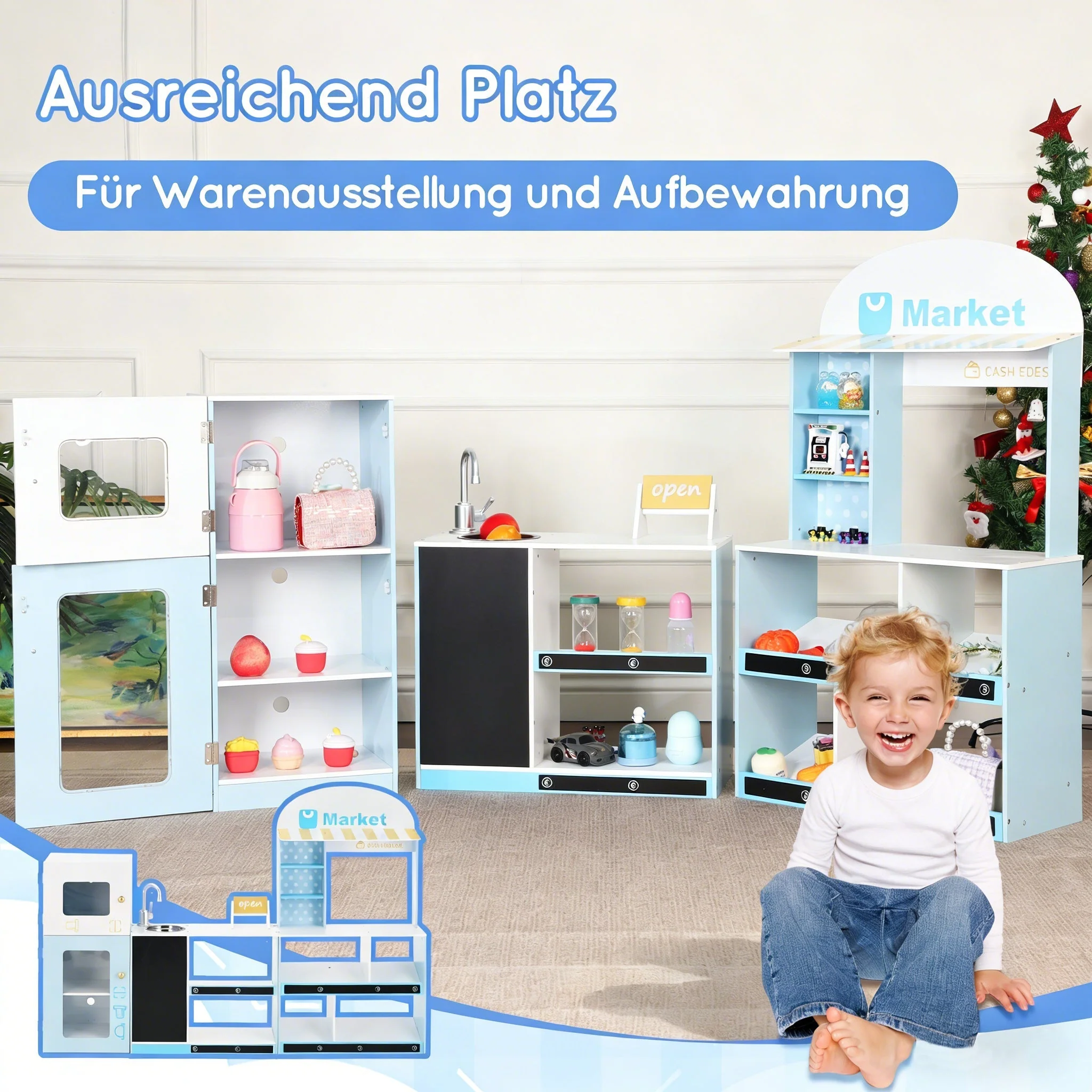 Children's Toy Shop with Shelves, Refrigerator and Chalkboard, Wood and Plastic, Blue - Image 8