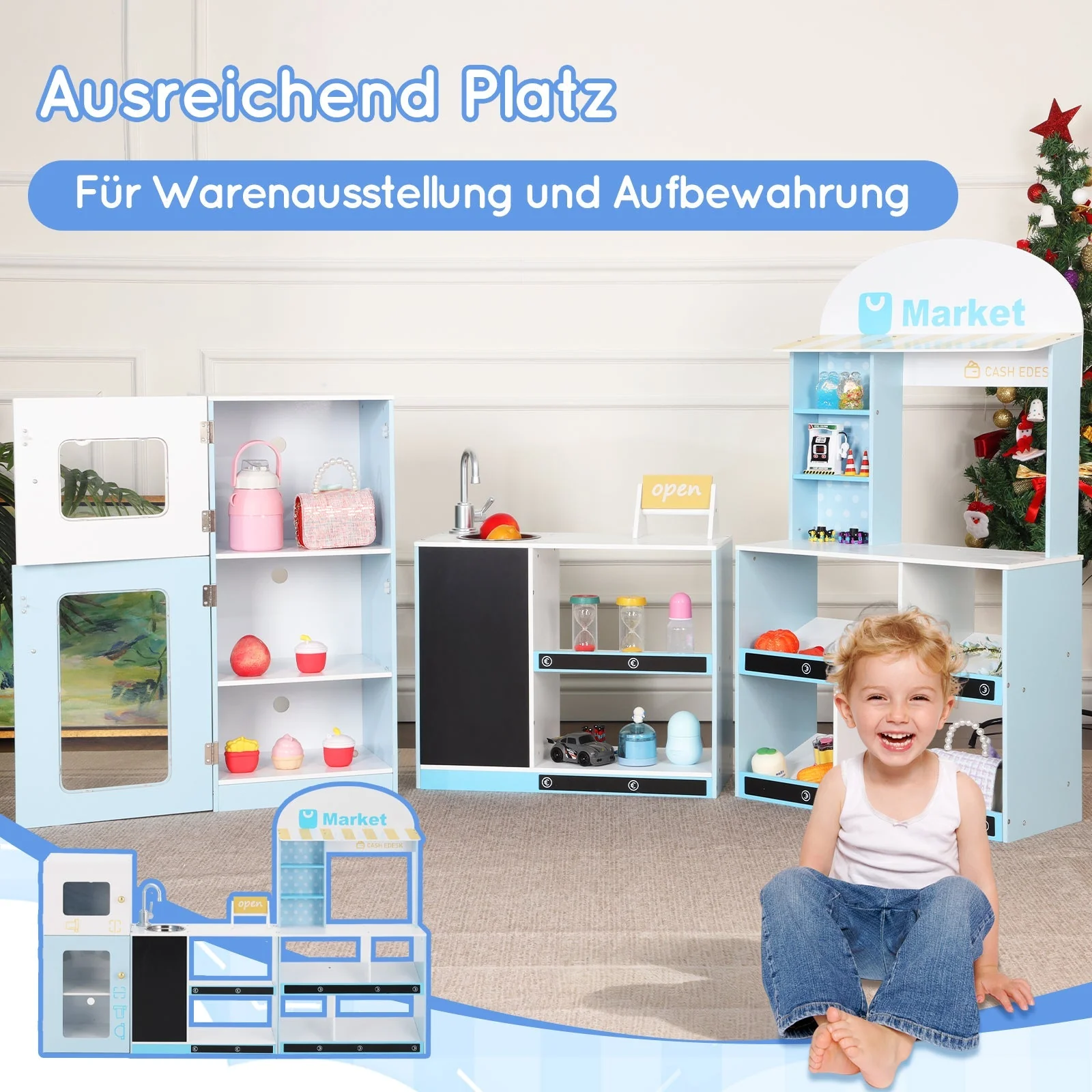 Children's Toy Shop with Shelves, Refrigerator and Chalkboard, Wood and Plastic, Blue - Image 9