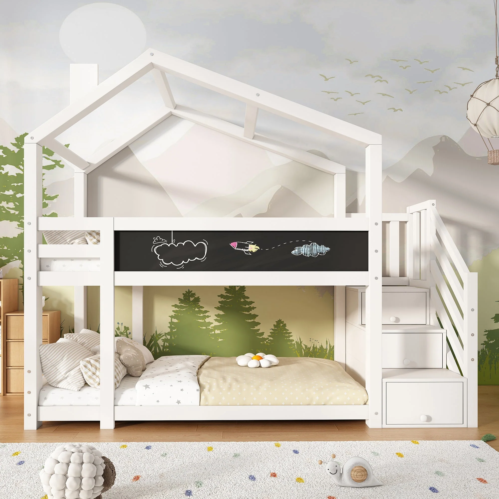 Children's Treehouse Bunk Bed 90x200cm, Storage, Fall Protection, White - Image 8
