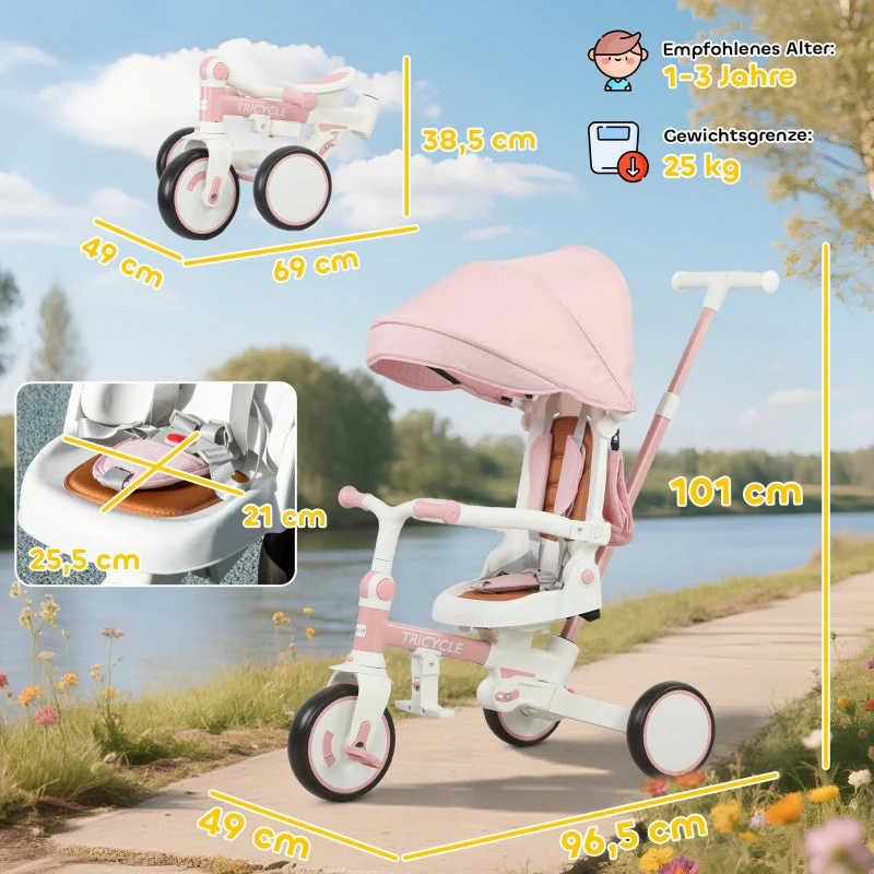 Children's Tricycle, 5-in-1 Convertible Buggy with Removable Handle and Safety Belt, Pink - Image 3