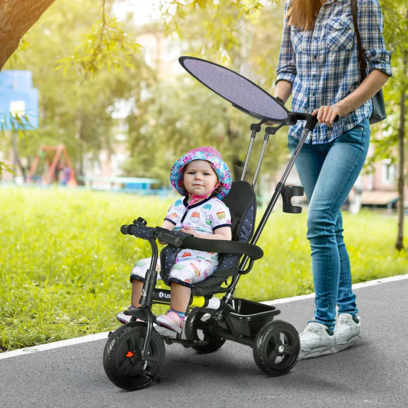 Children's tricycle 6-in-1 with push bar, canopy, belt, storage basket, dark blue
