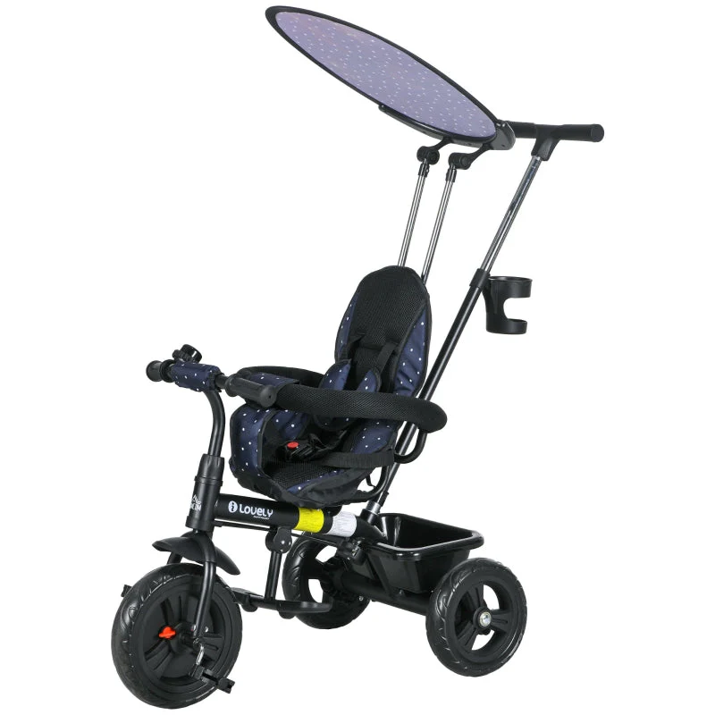 Children's tricycle 6-in-1 with push bar, canopy, belt, storage basket, dark blue - Image 2