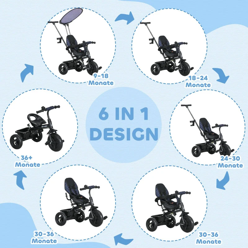 Children's tricycle 6-in-1 with push bar, canopy, belt, storage basket, dark blue - Image 3