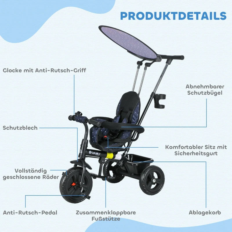 Children's tricycle 6-in-1 with push bar, canopy, belt, storage basket, dark blue - Image 6