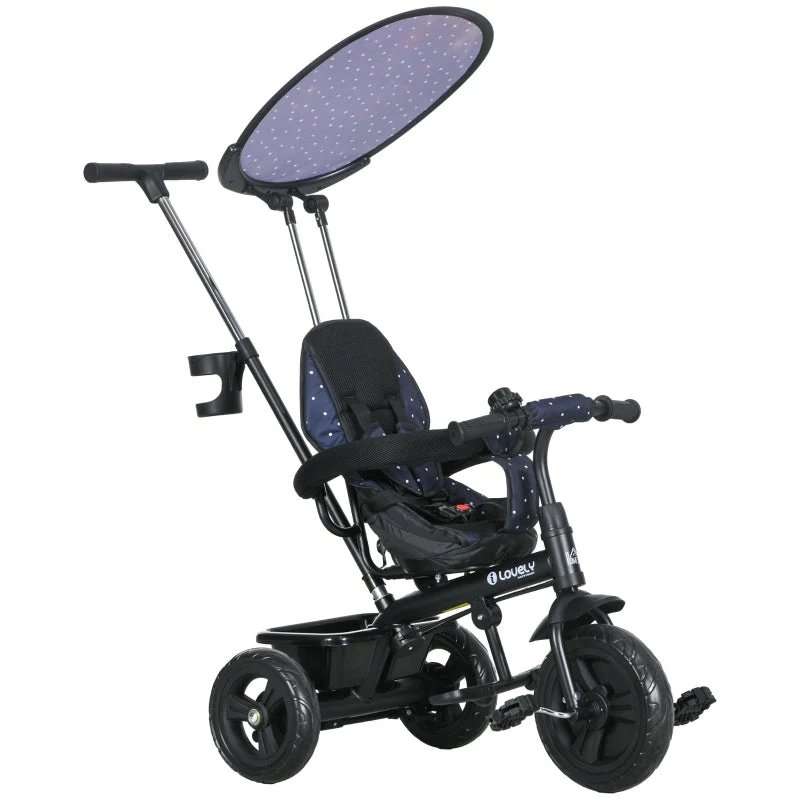 Children's tricycle 6-in-1 with push bar, canopy, belt, storage basket, dark blue - Image 8