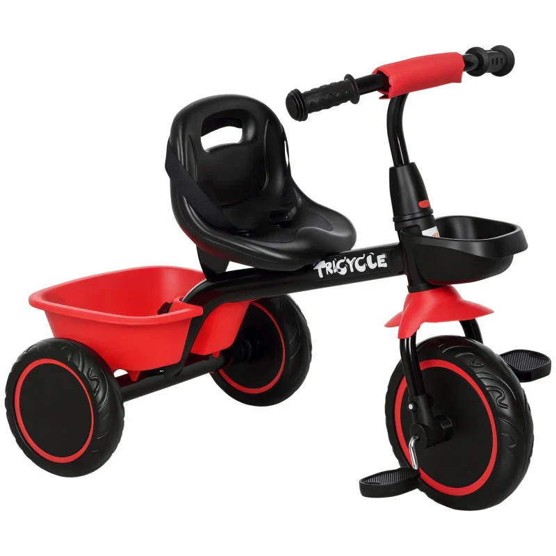 Children's Tricycle with Height-Adjustable Seat and 2 Baskets, Black and Red - Image 2