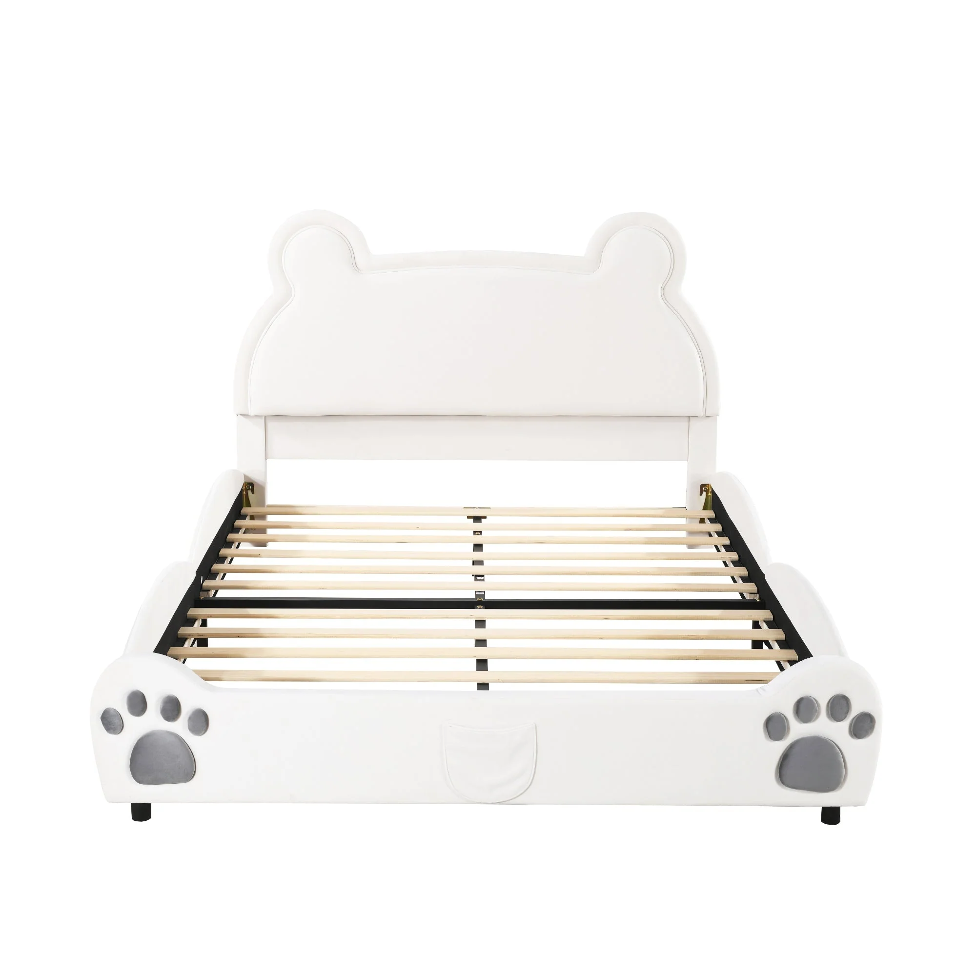 Children's Upholstered Bed, 140x200cm Bear-Shaped, White Velour - Image 6