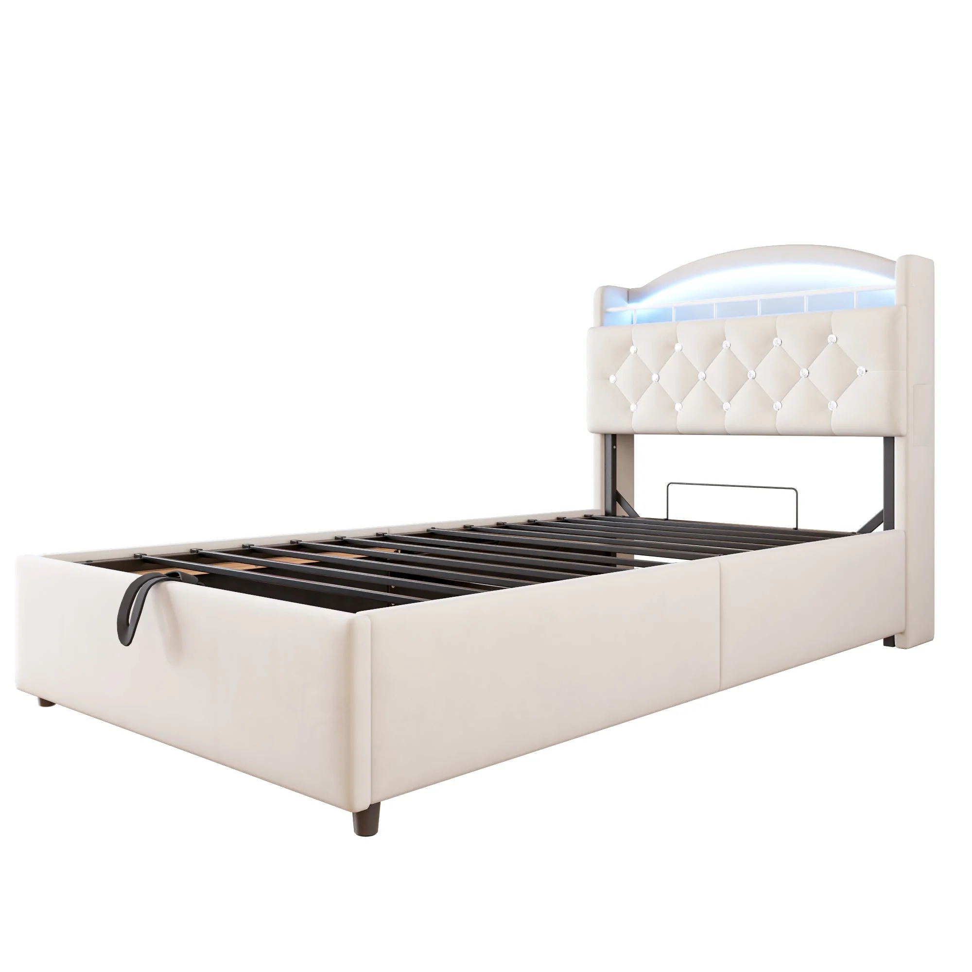 Children's Upholstered Bed 90x200, Multifunctional with Storage, LED & USB, Velvet Beige - Image 10