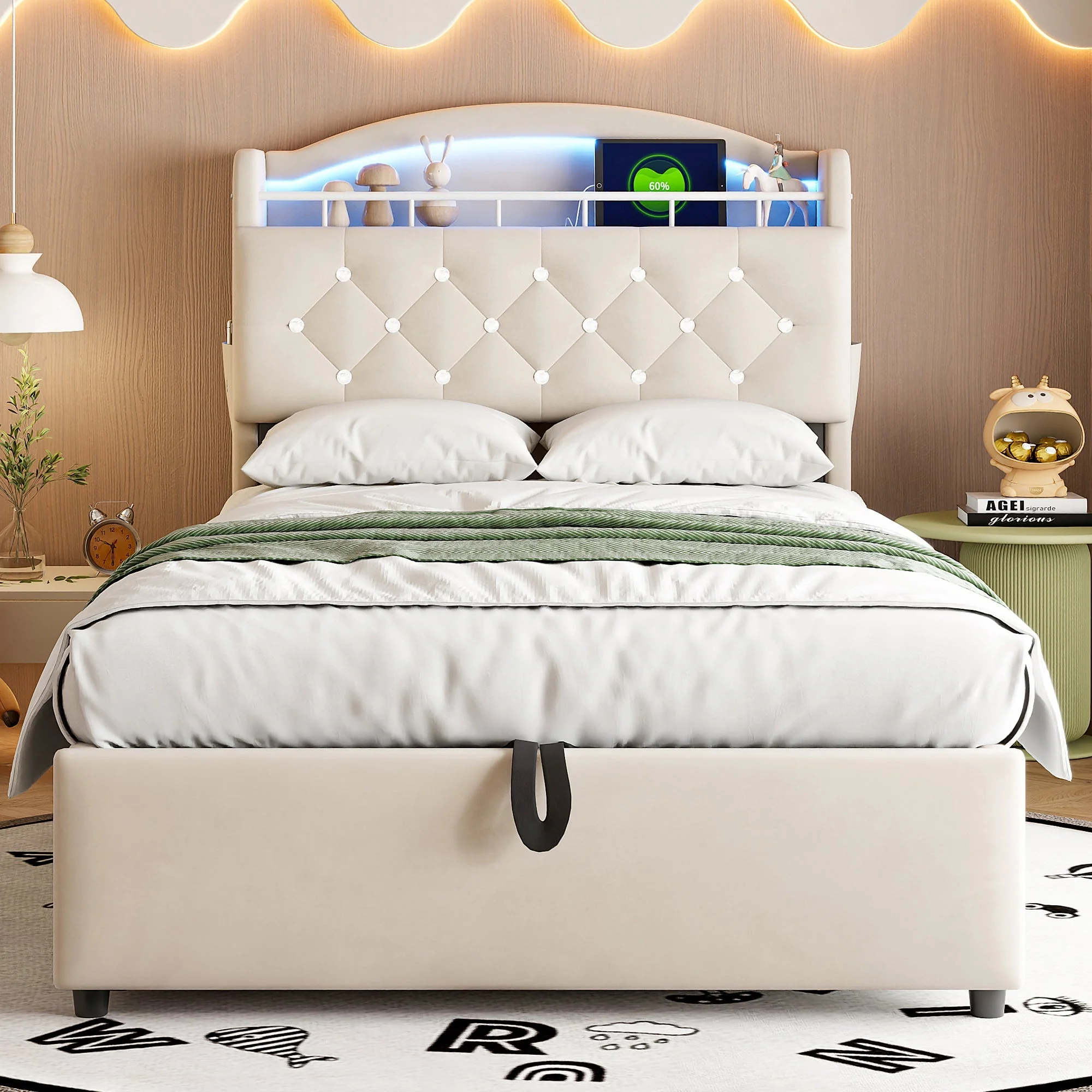 Children's Upholstered Bed 90x200, Multifunctional with Storage, LED & USB, Velvet Beige - Image 4