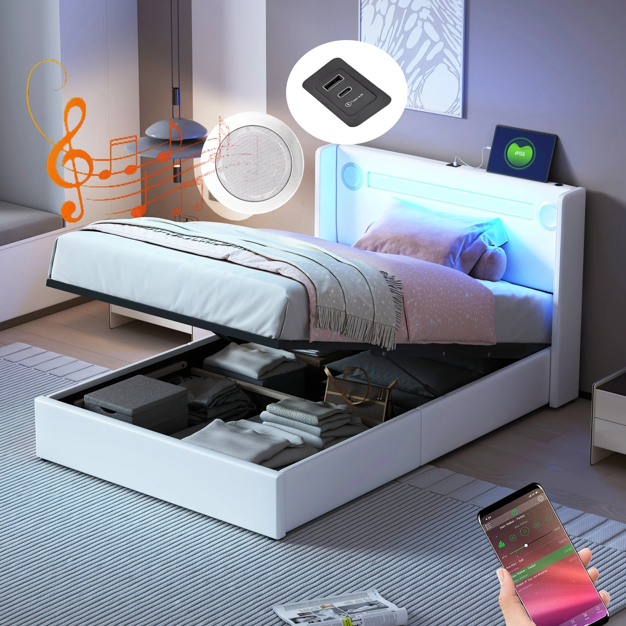 Children's Upholstered Bed 90x200 with LED, Bluetooth, USB, PU Leather - Image 10