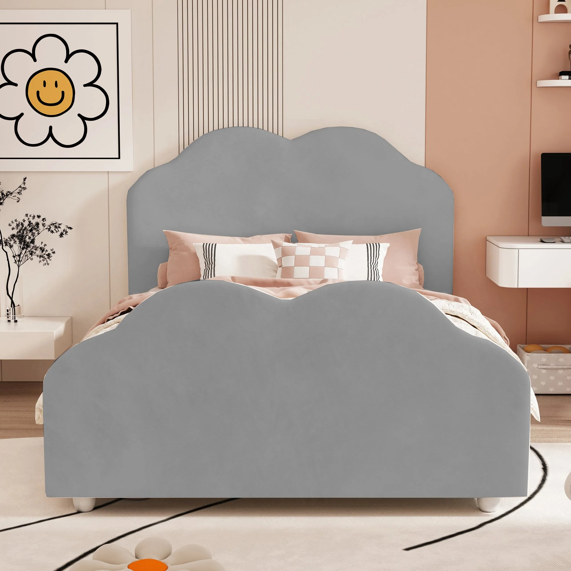 Children's Upholstered Bed, 90x200cm, High Railing, Cloud Head/Footboard, Gray Velvet - Image 4