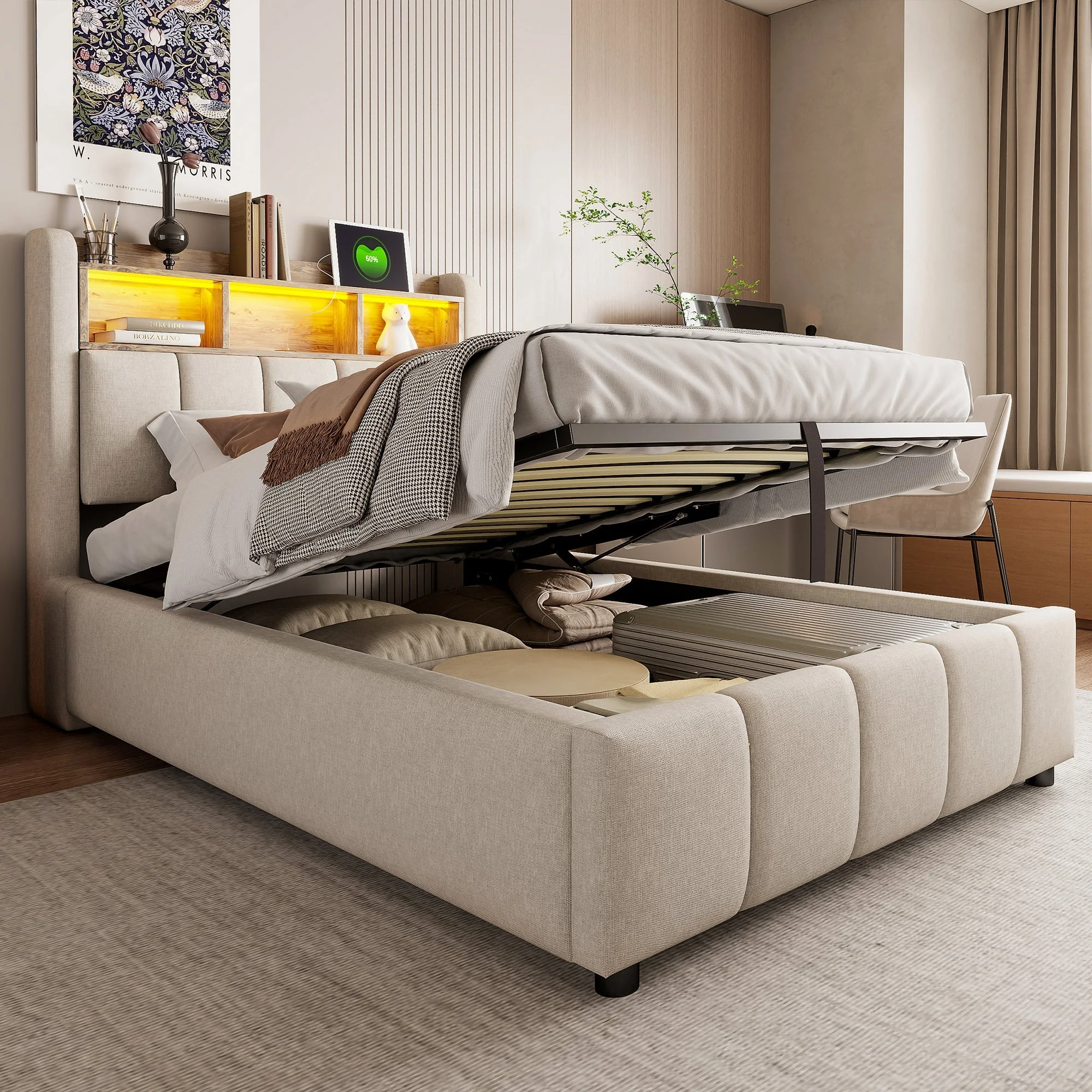 Children's Upholstered Bed 90x200cm LED USB Hydraulic Storage Headboard Shelves - Linen Beige