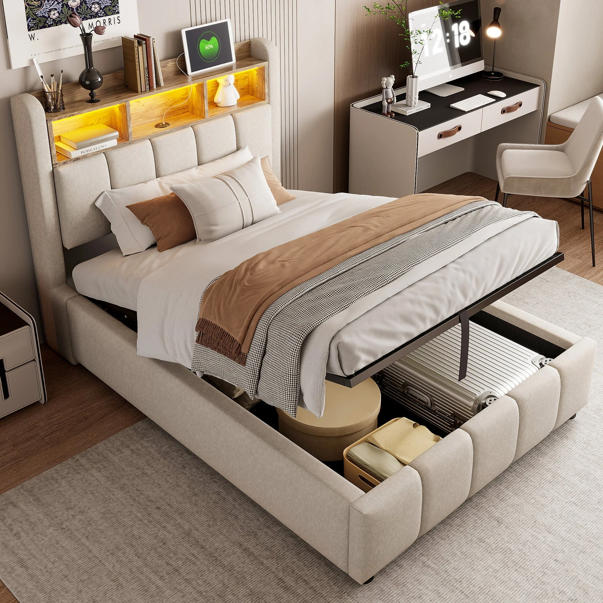 Children's Upholstered Bed 90x200cm LED USB Hydraulic Storage Headboard Shelves - Linen Beige - Image 2