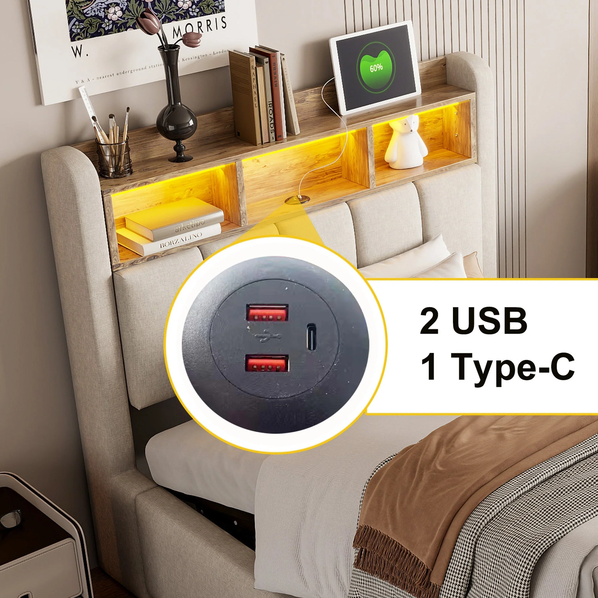 Children's Upholstered Bed 90x200cm LED USB Hydraulic Storage Headboard Shelves - Linen Beige - Image 5