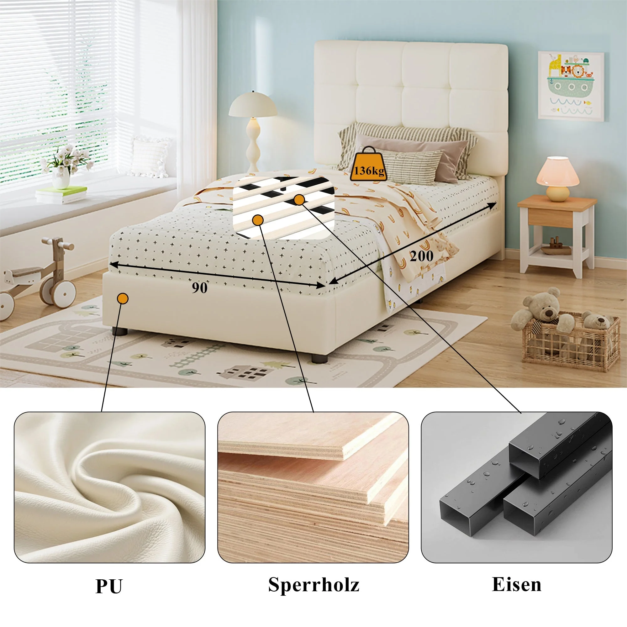 Children's Upholstered Bed 90x200cm Soft Biscuit Headboard with Anti-Collision Edge Beige PU - Image 5