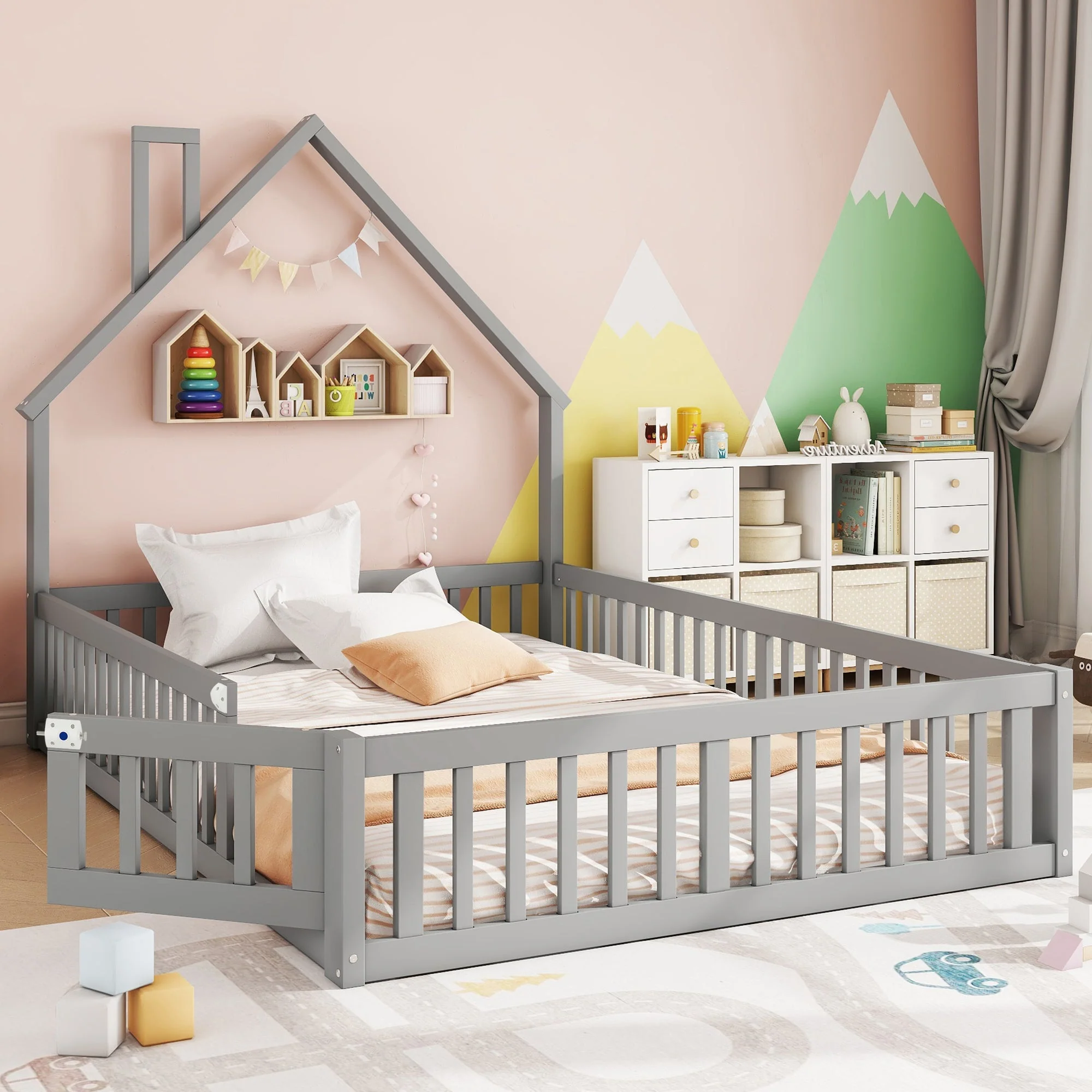 Children's Upholstered Bed with Chimney Shape and Slatted Base, 140x190cm, Grey Pine Wood
