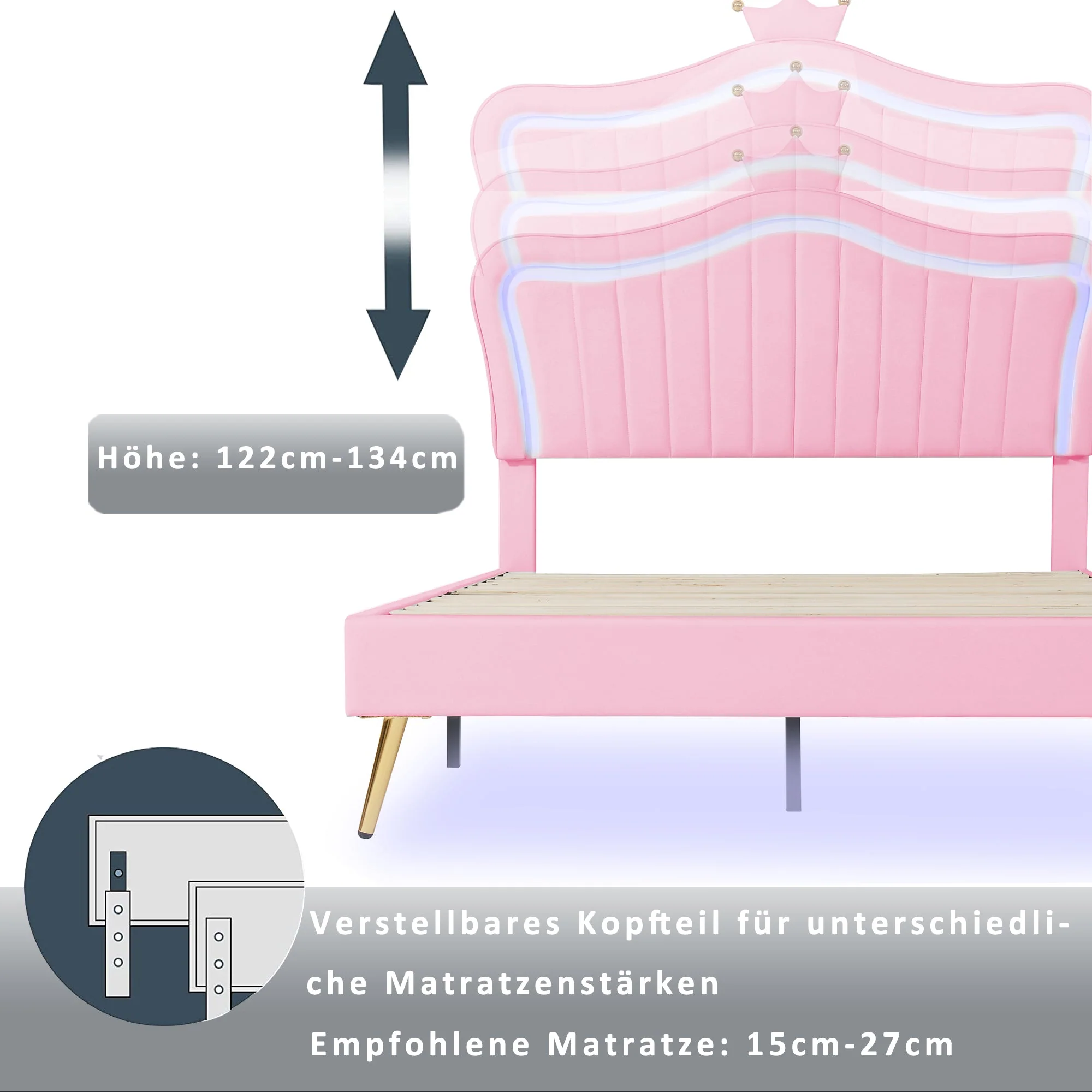 Children's Upholstered Bed with Shell Crown Design and LED Lighting, White and Pink - Image 5