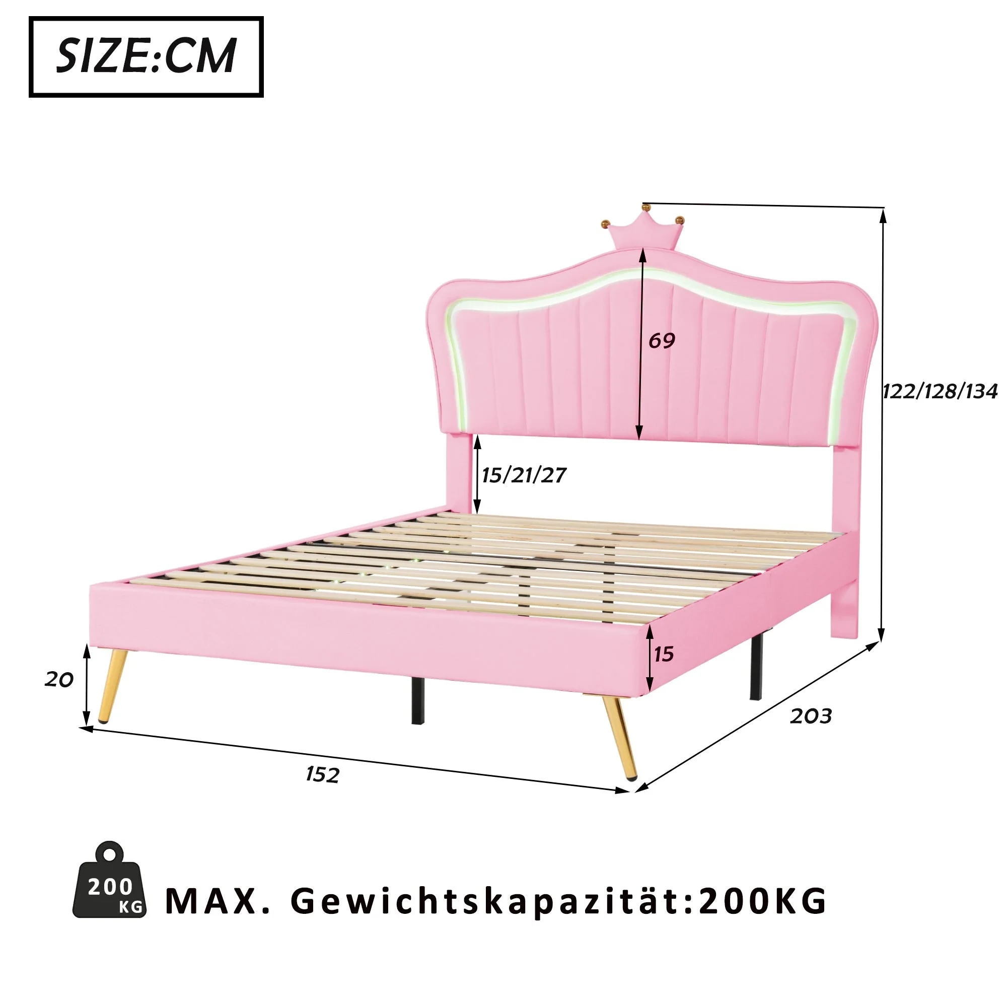Children's Upholstered Bed with Shell Crown Design and LED Lighting, White and Pink - Image 6