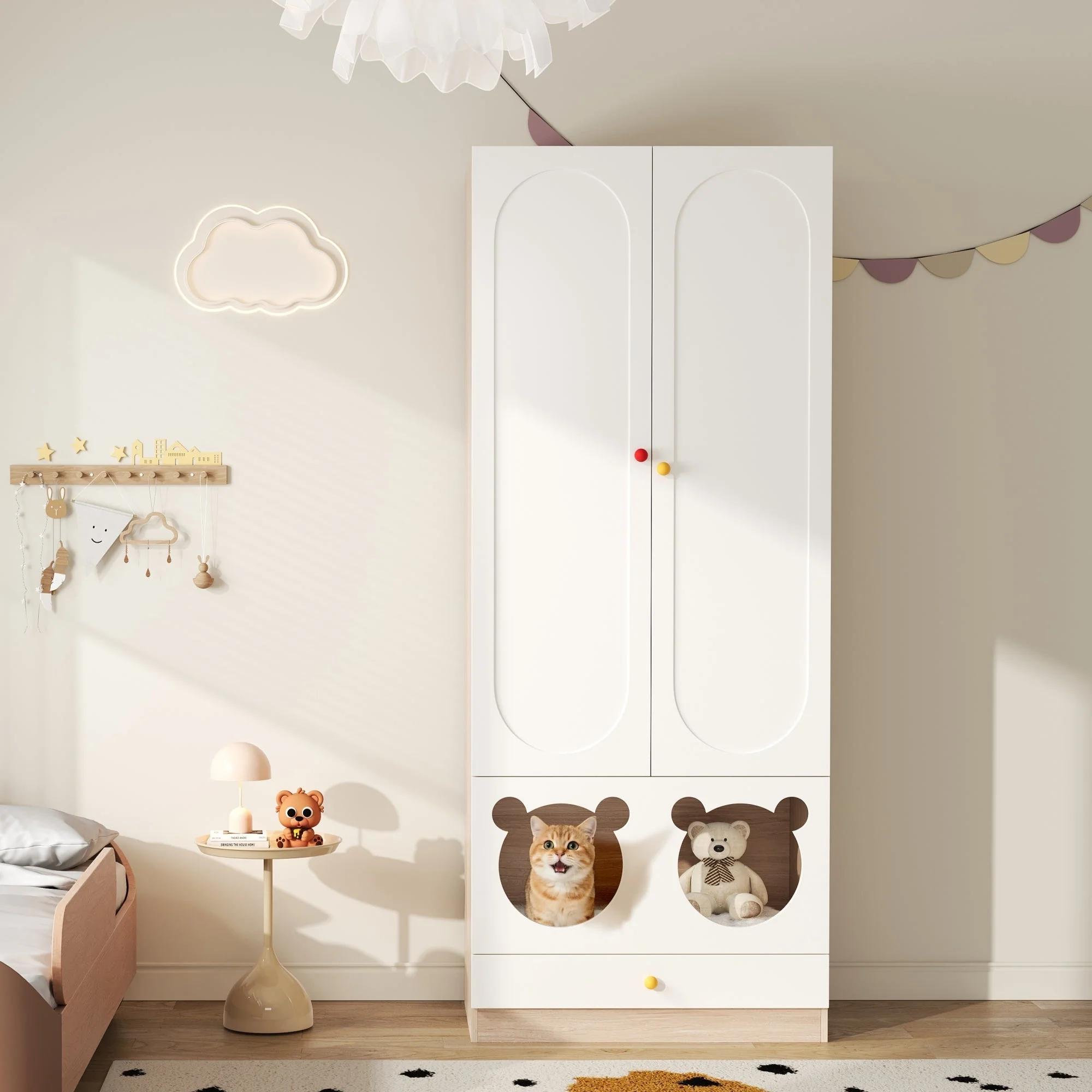 Children's Wardrobe Hanging Rail & Cat Bed 80x50x200cm White Natural Wood