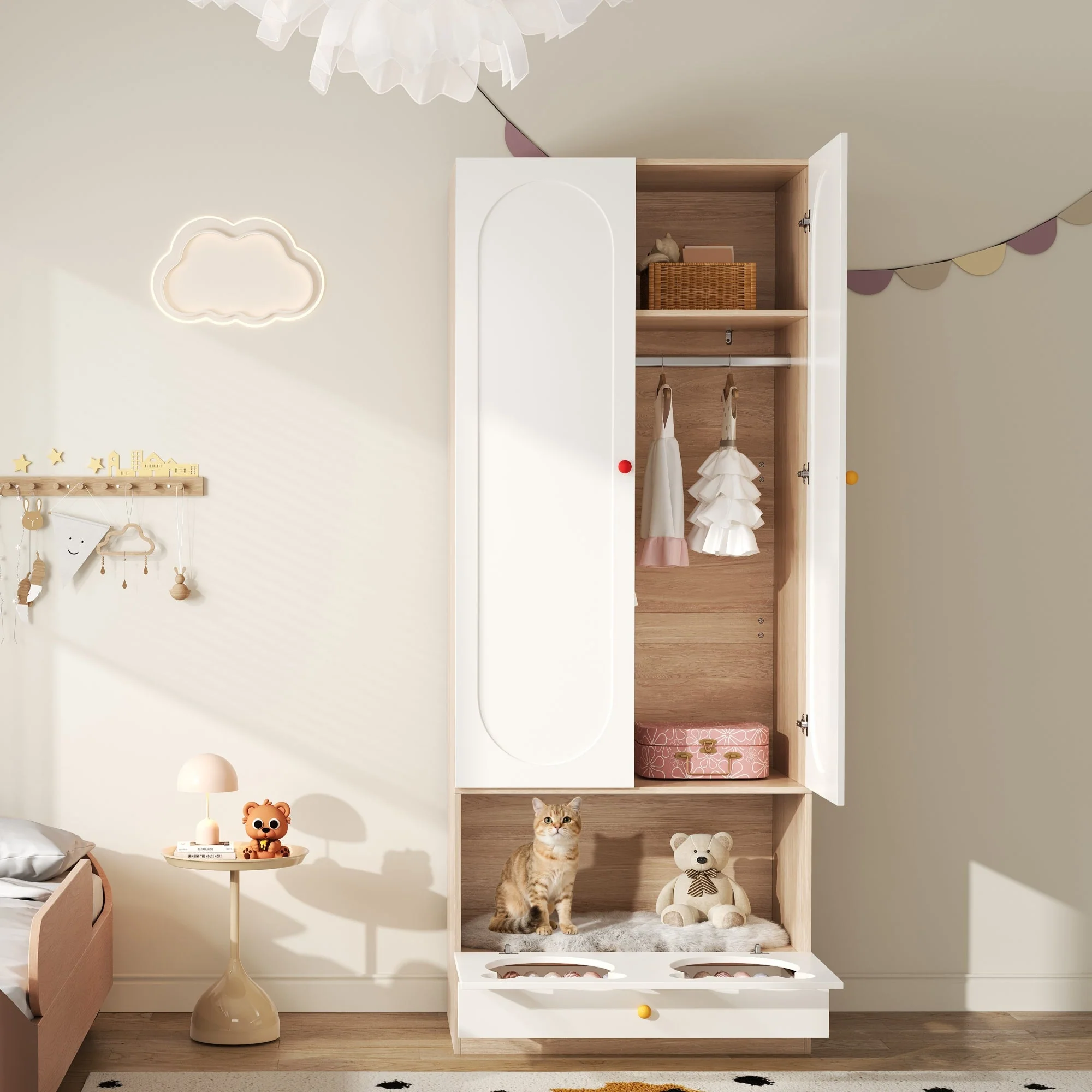 Children's Wardrobe Hanging Rail & Cat Bed 80x50x200cm White Natural Wood - Image 2