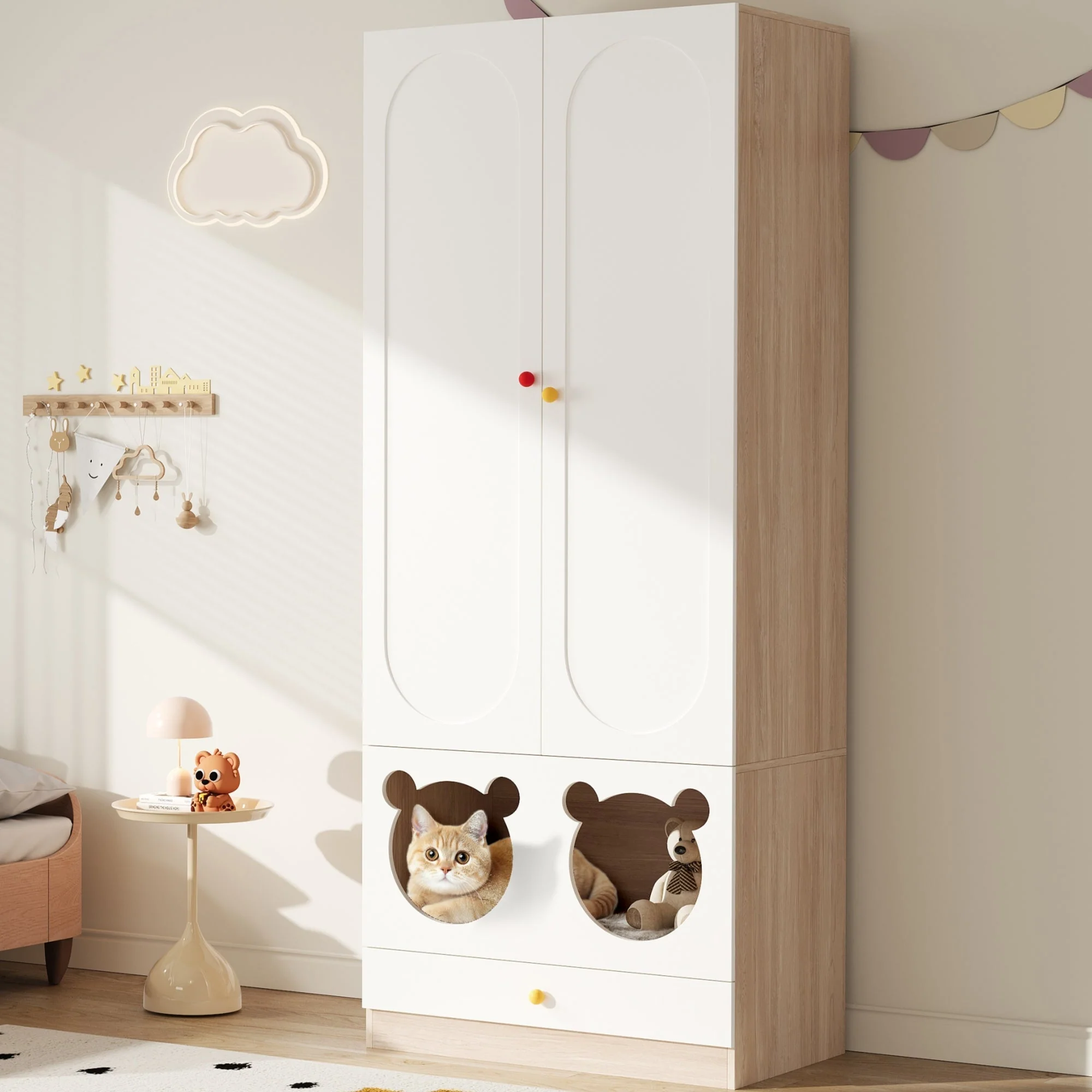 Children's Wardrobe Hanging Rail & Cat Bed 80x50x200cm White Natural Wood - Image 3