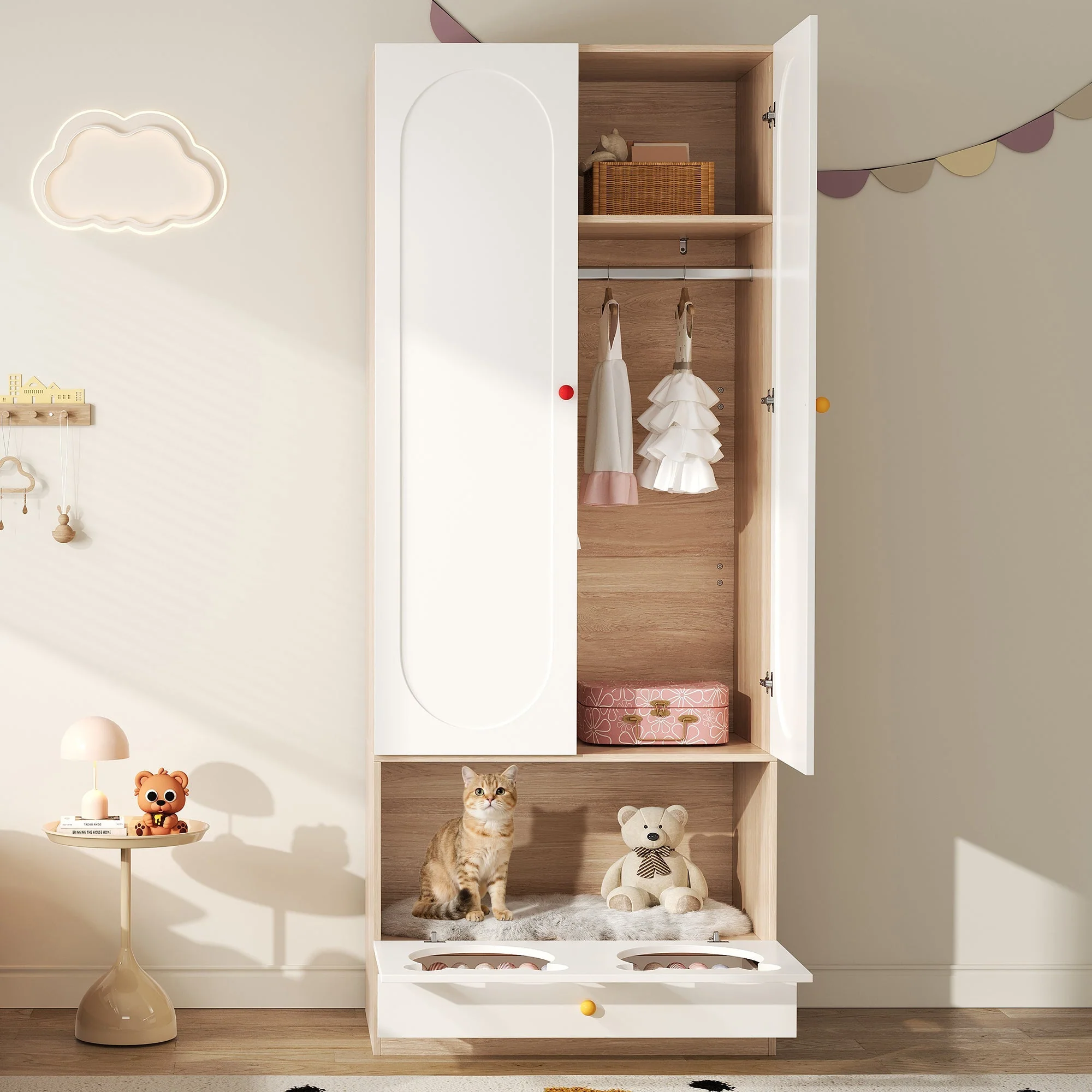 Children's Wardrobe Hanging Rail & Cat Bed 80x50x200cm White Natural Wood - Image 4