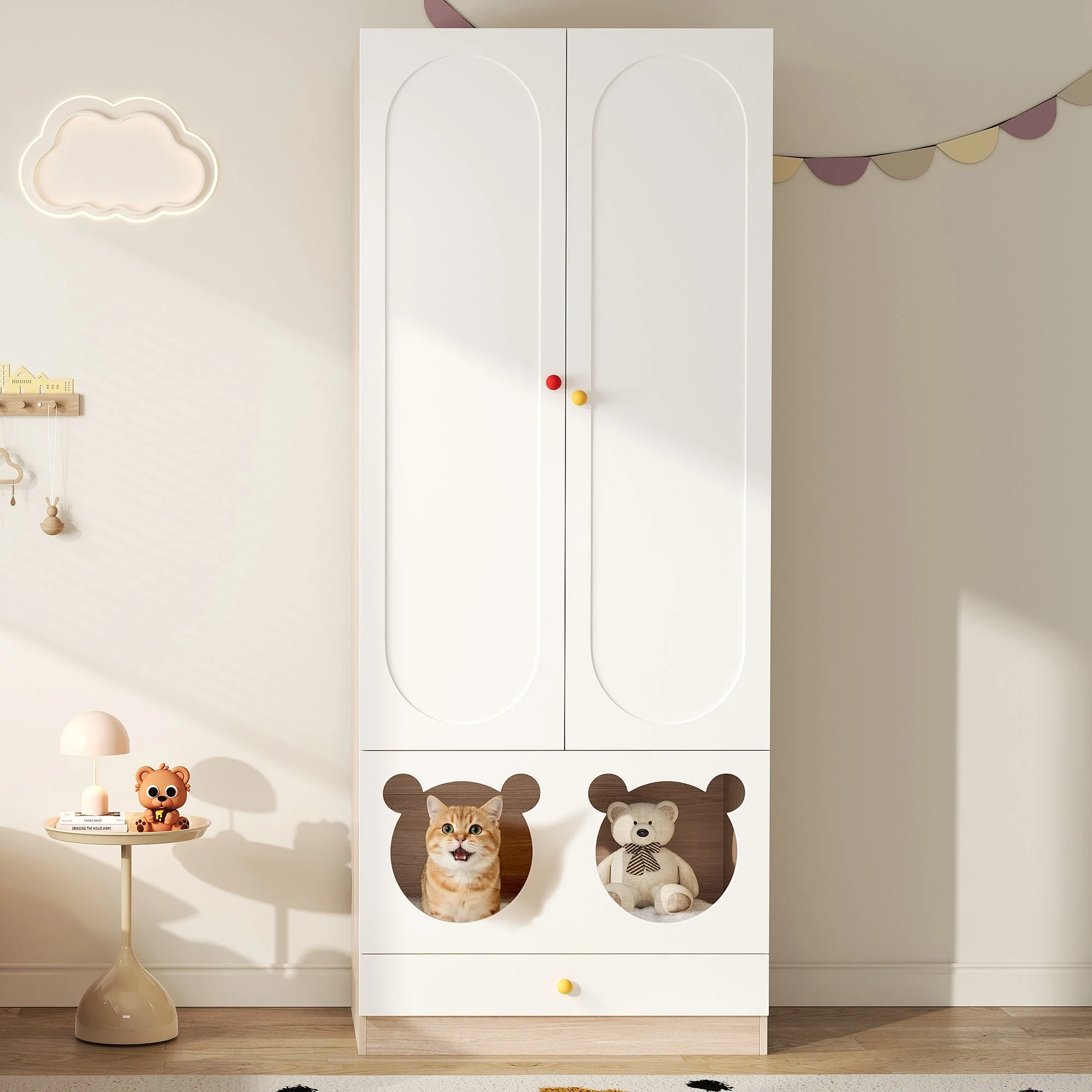 Children's Wardrobe Hanging Rail & Cat Bed 80x50x200cm White Natural Wood - Image 5