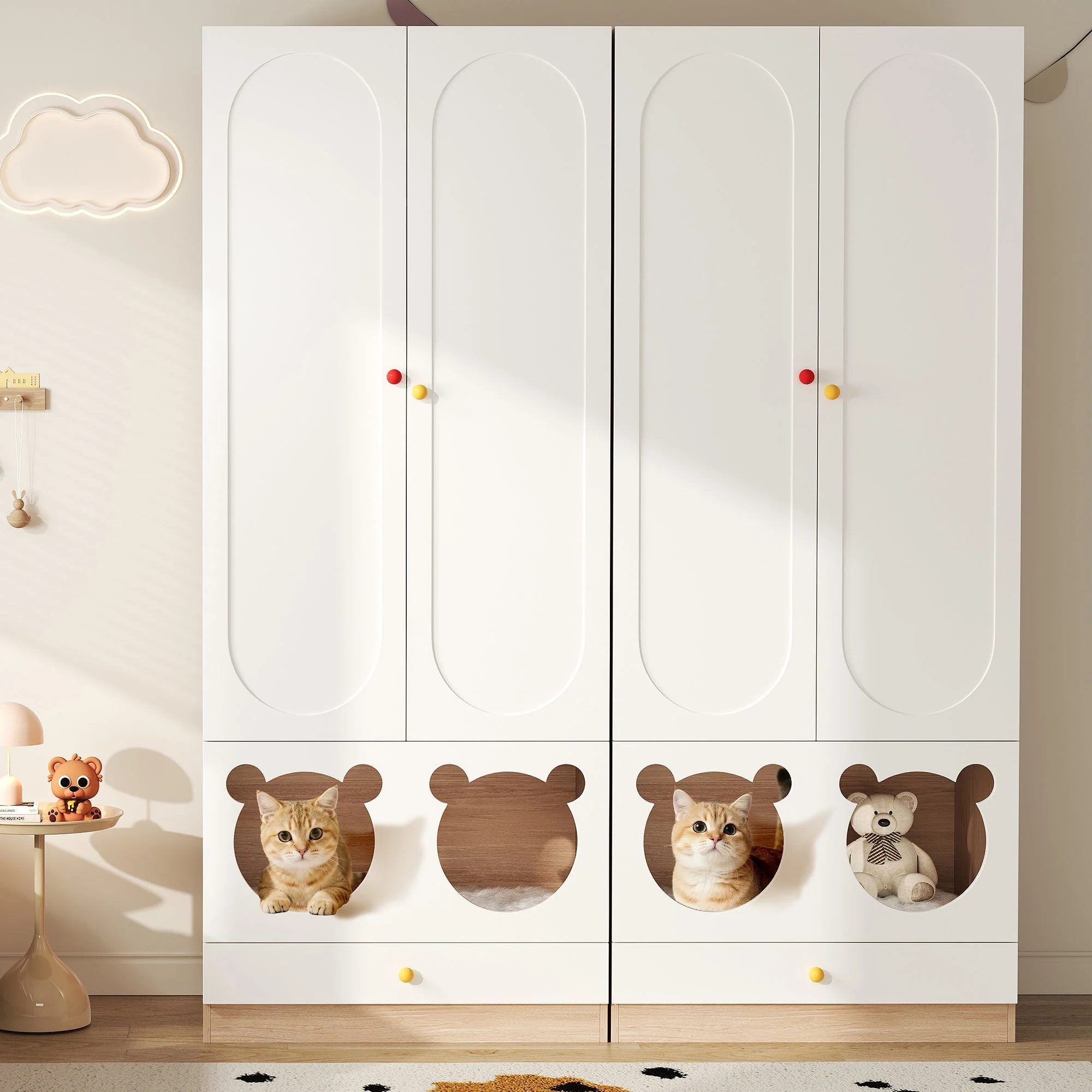 Children's Wardrobe Hanging Rail & Cat Bed 80x50x200cm White Natural Wood - Image 6